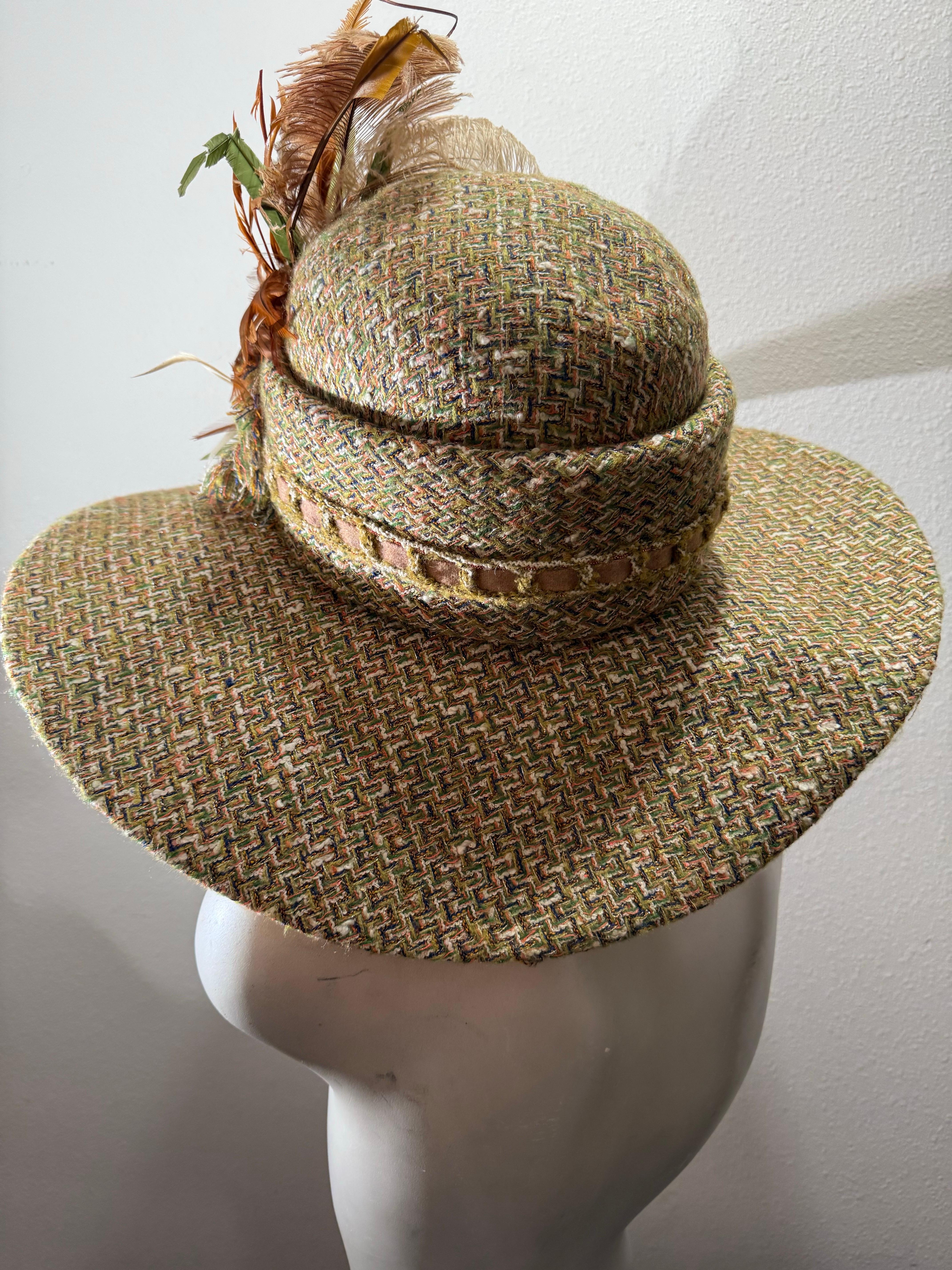 Custom Made Chanel Tweed Fabric Floppy Wide Brim Hat w Rounded Crown & Feathers For Sale 4