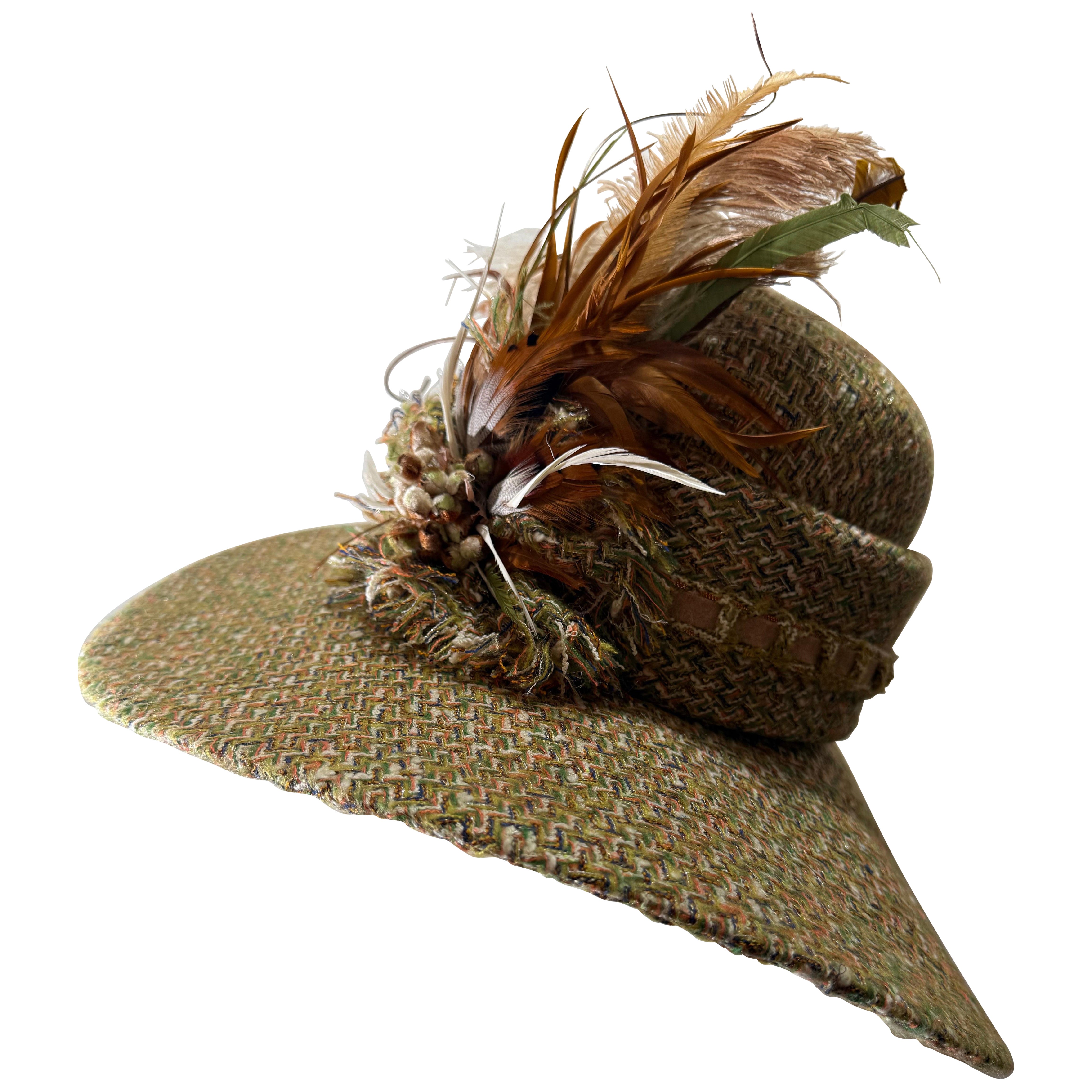 Custom Made Chanel Tweed Fabric Floppy Wide Brim Hat w Rounded Crown & Feathers For Sale