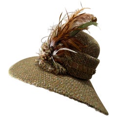 Custom Made Chanel Tweed Fabric Floppy Wide Brim Hat w Rounded Crown & Feathers