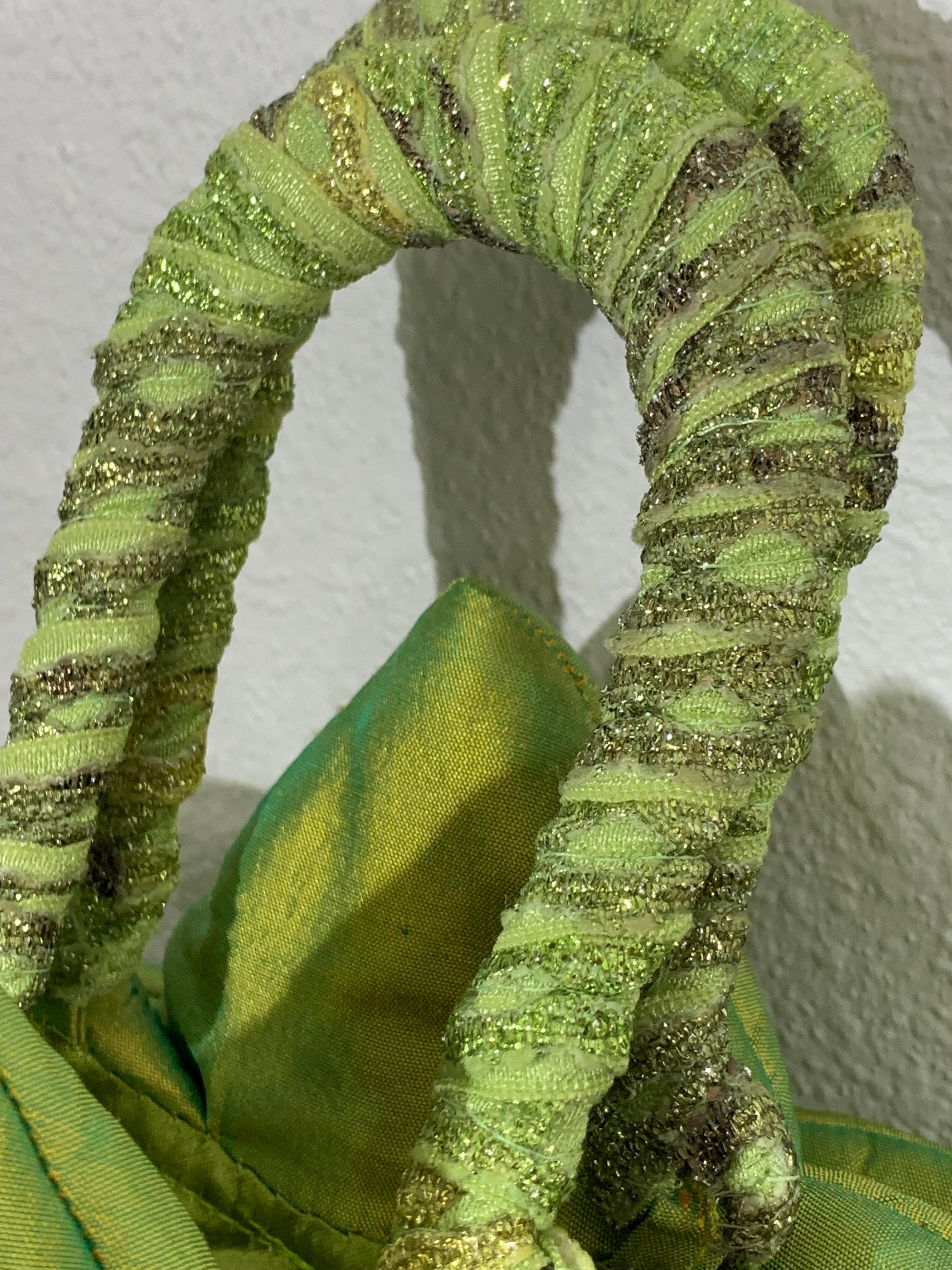Custom-Made Chartreuse Shimmery Silk Organza Floral Handbag w Bead Tassel For Sale 5