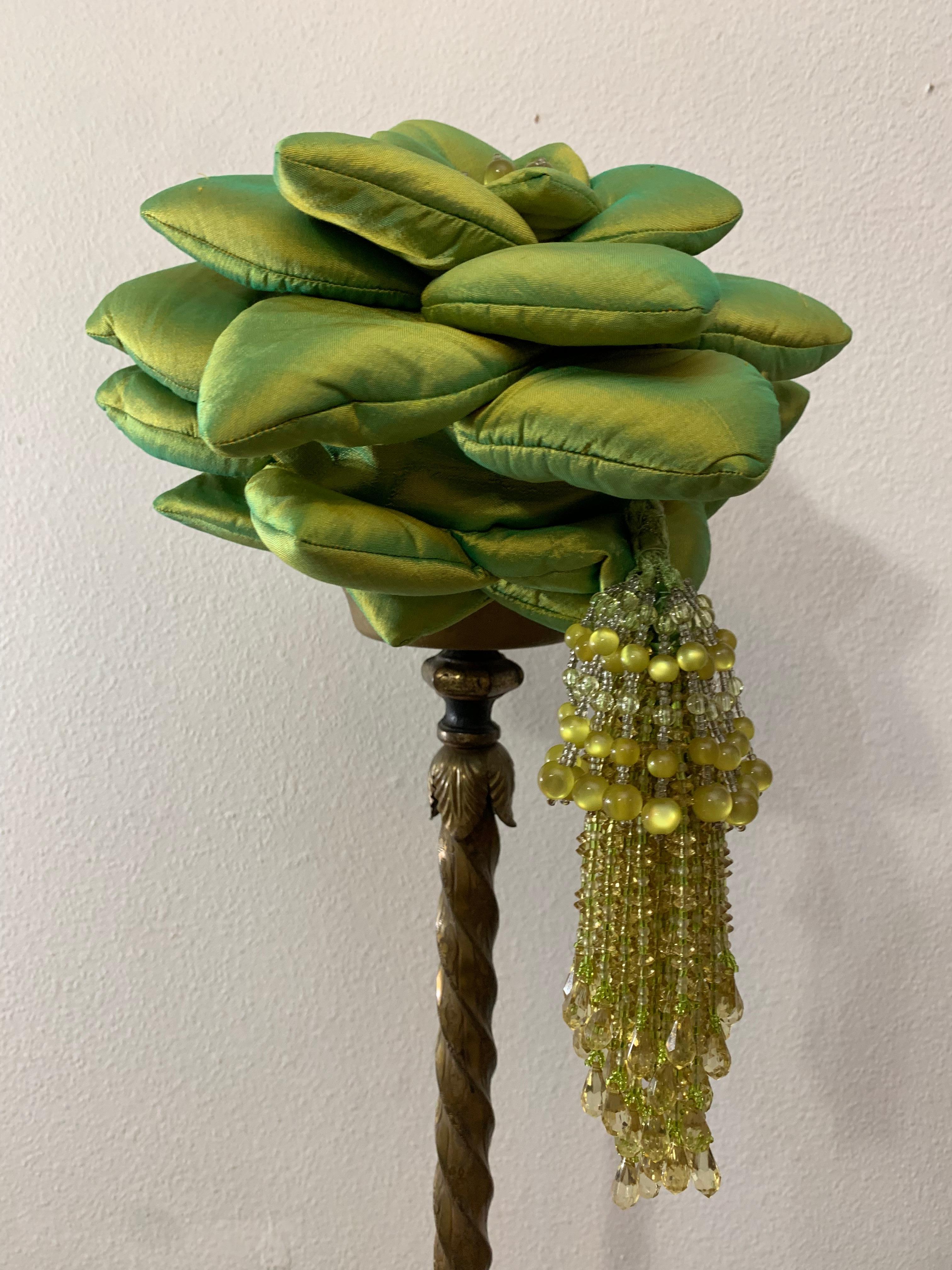 Custom-Made Chartreuse Shimmery Silk Organza Floral Handbag w Bead Tassel For Sale 6