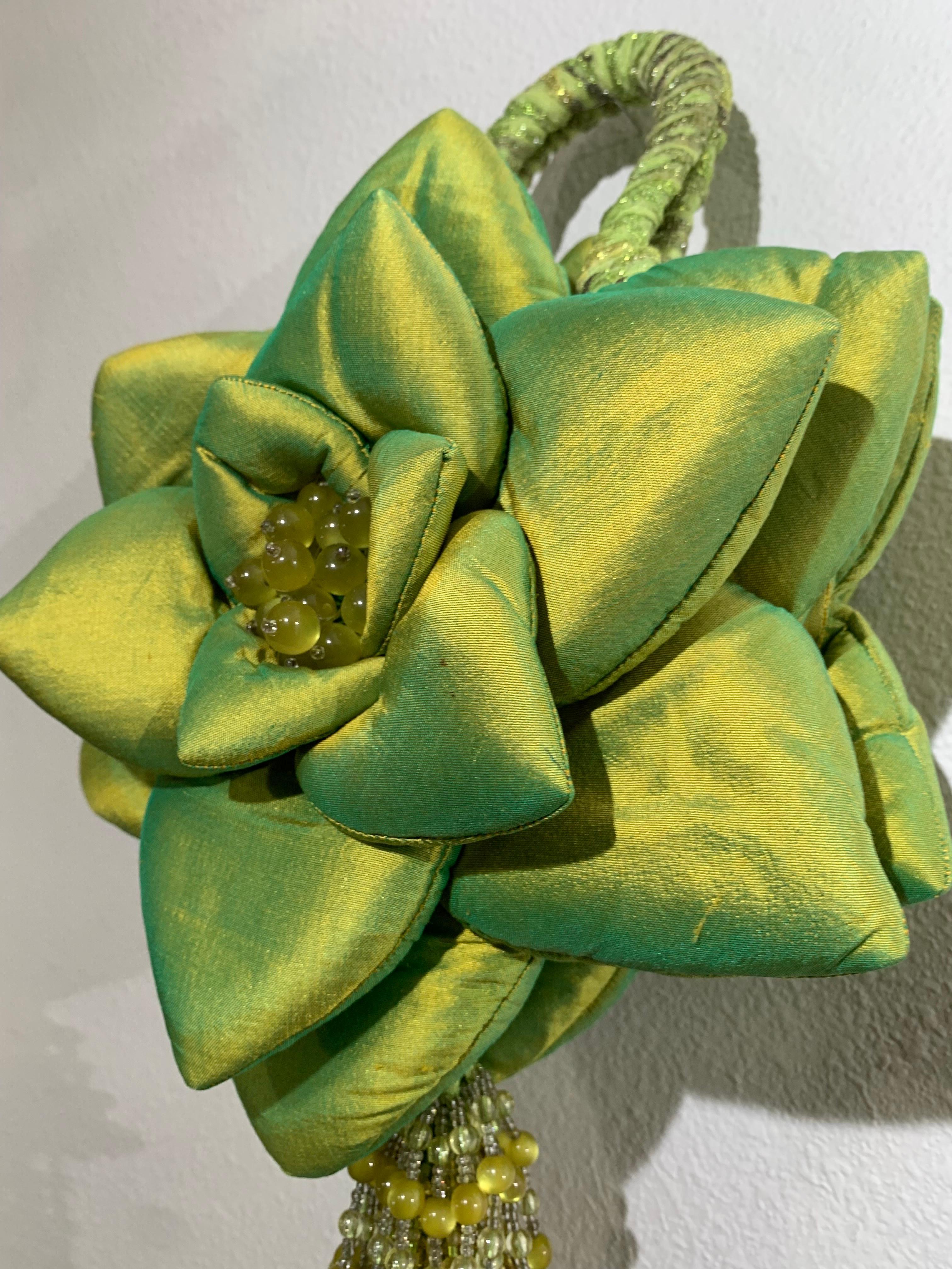 Custom-Made Chartreuse / Green Shimmery Silk Organza 3-Dimensional Floral Handbag w Heavy Beadwork Tassel:  A whimsical puffy 3-D floral blossom handbag with braided metallic cord double loop handle and divine glass bead tassel at bottom. Snap top