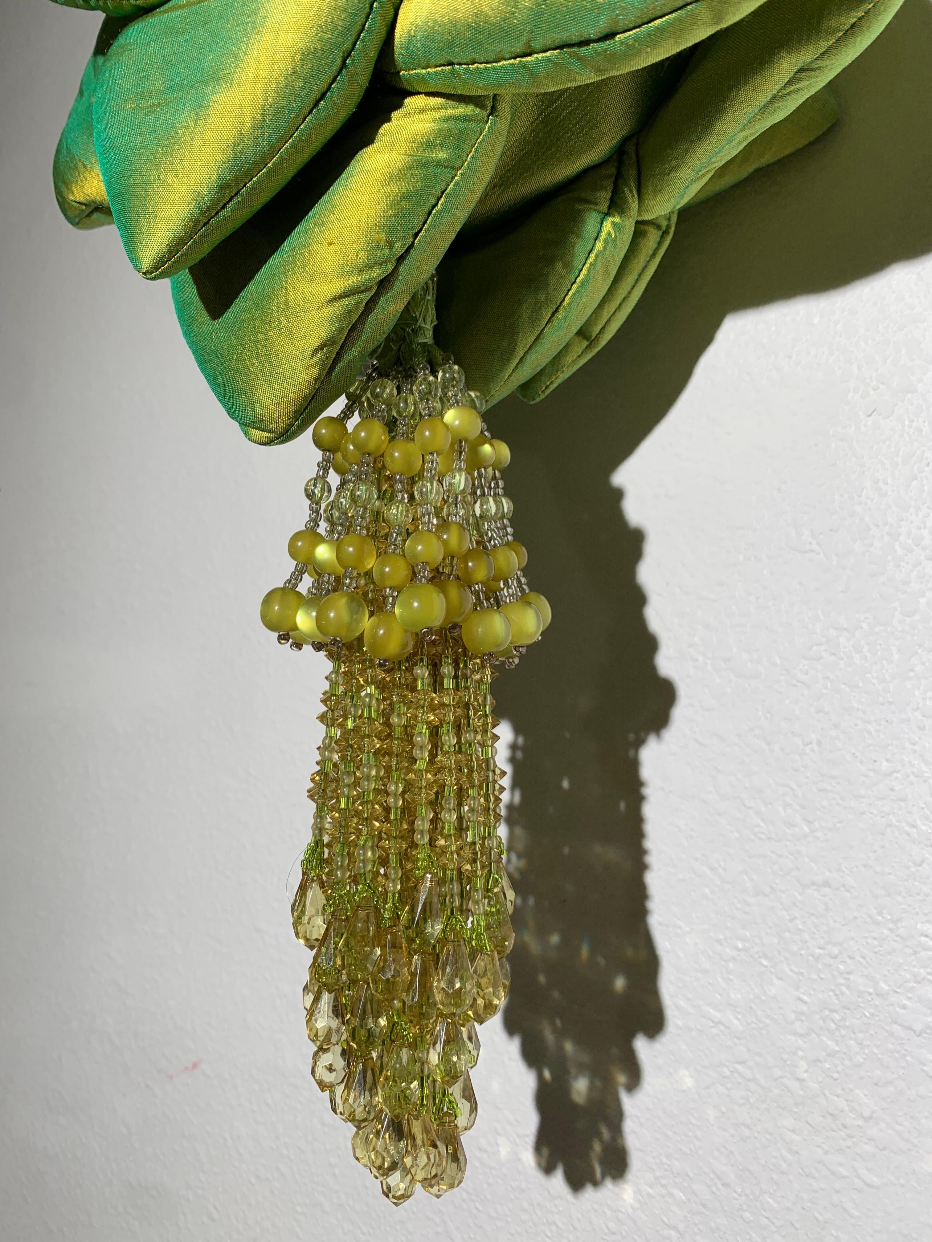 Brown Custom-Made Chartreuse Shimmery Silk Organza Floral Handbag w Bead Tassel For Sale