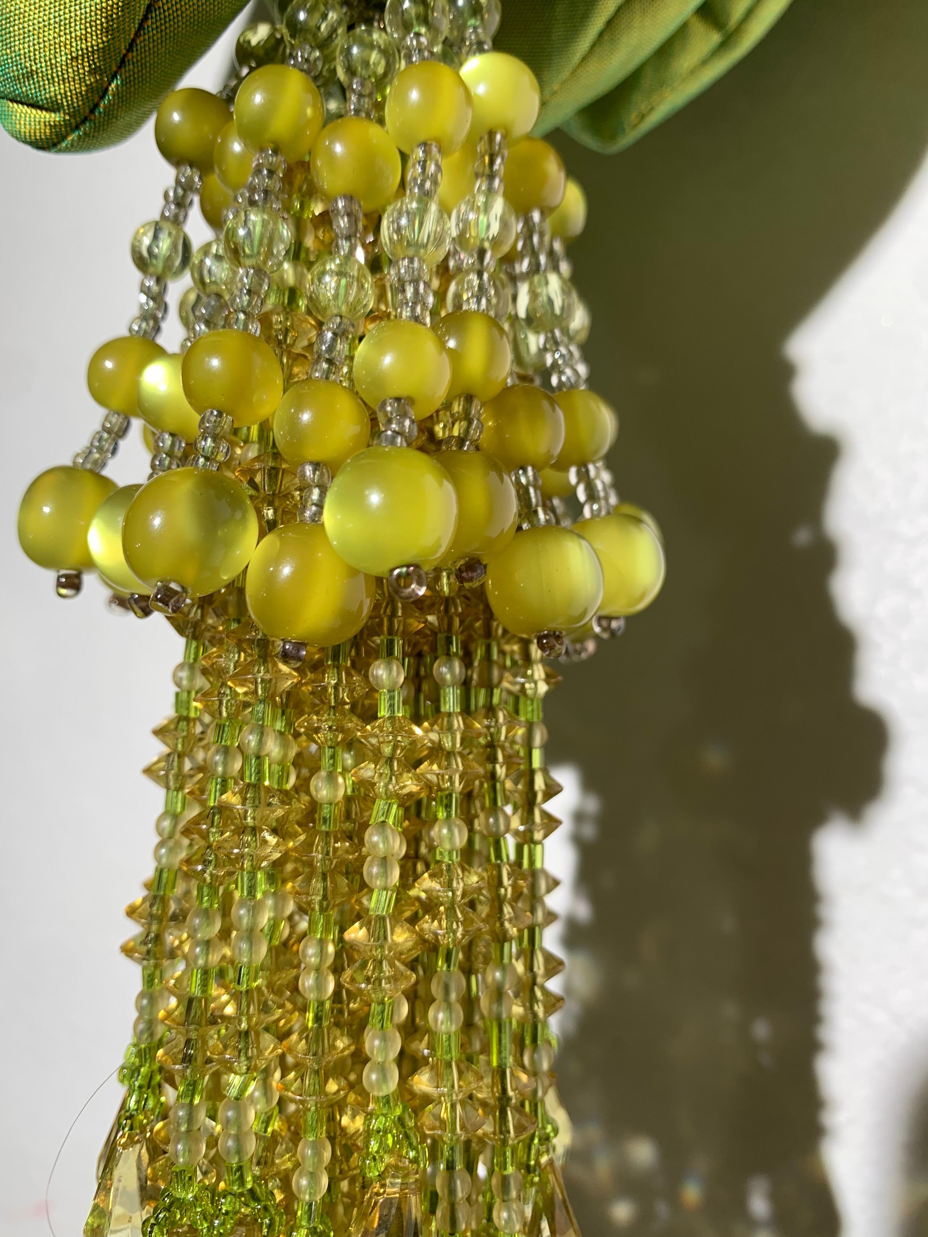 Custom-Made Chartreuse Shimmery Silk Organza Floral Handbag w Bead Tassel In Excellent Condition For Sale In Gresham, OR