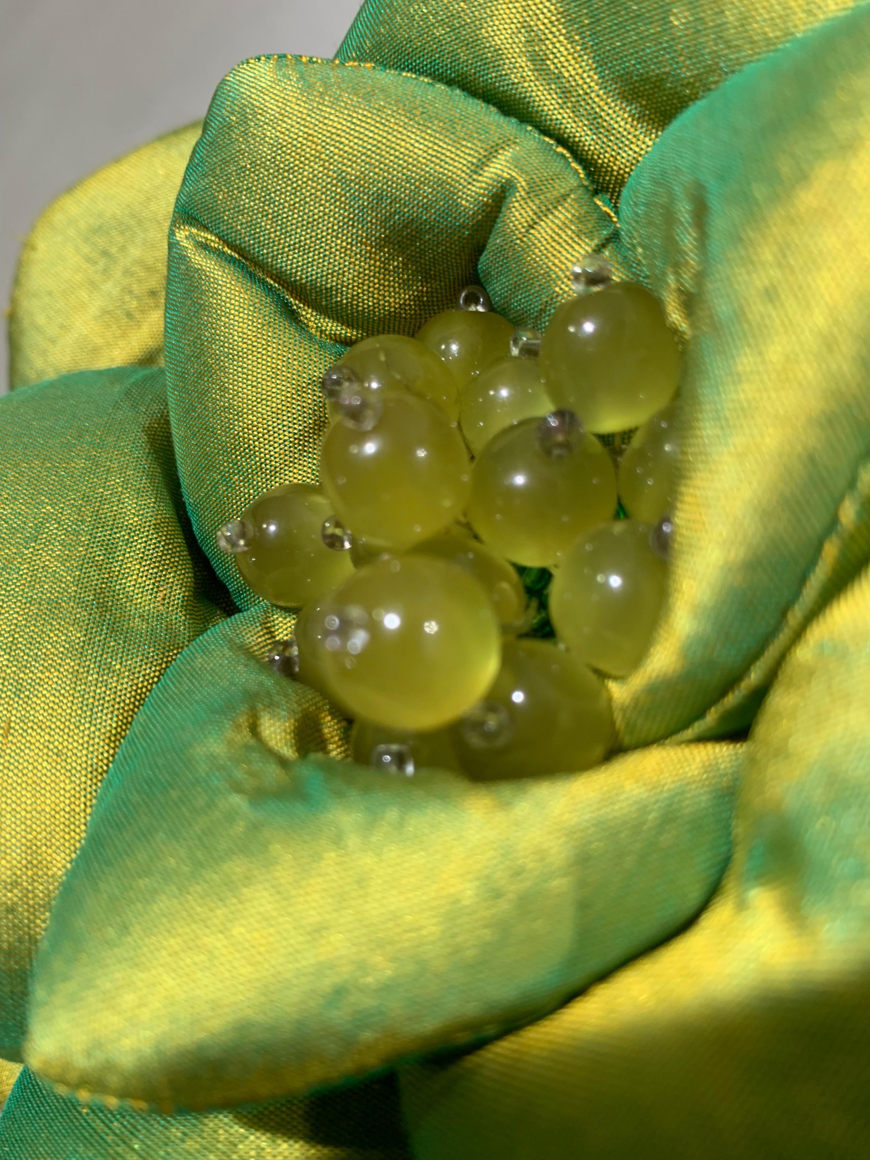 Custom-Made Chartreuse Shimmery Silk Organza Floral Handbag w Bead Tassel For Sale 1