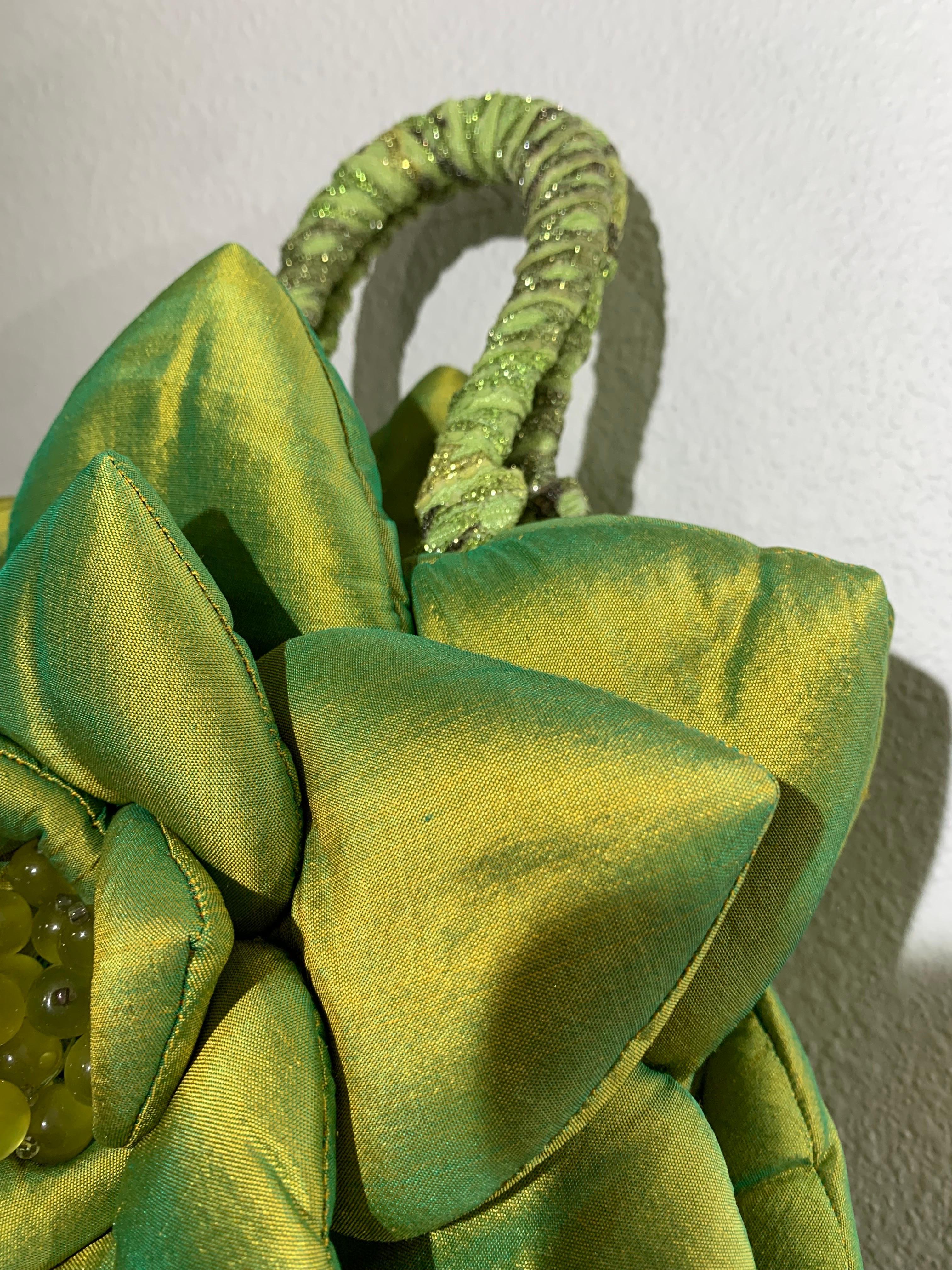 Custom-Made Chartreuse Shimmery Silk Organza Floral Handbag w Bead Tassel For Sale 2