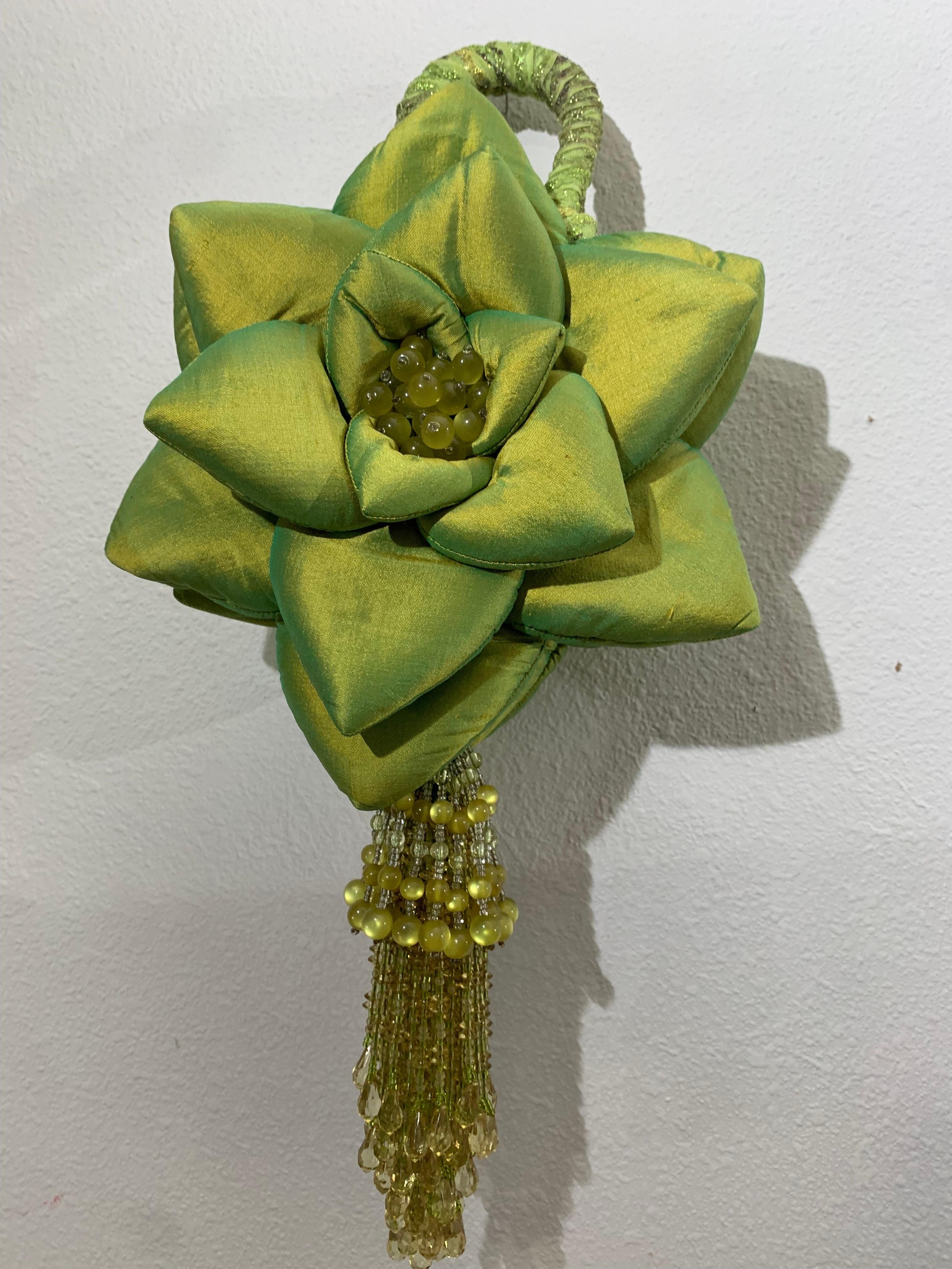 Custom-Made Chartreuse Shimmery Silk Organza Floral Handbag w Bead Tassel For Sale 3