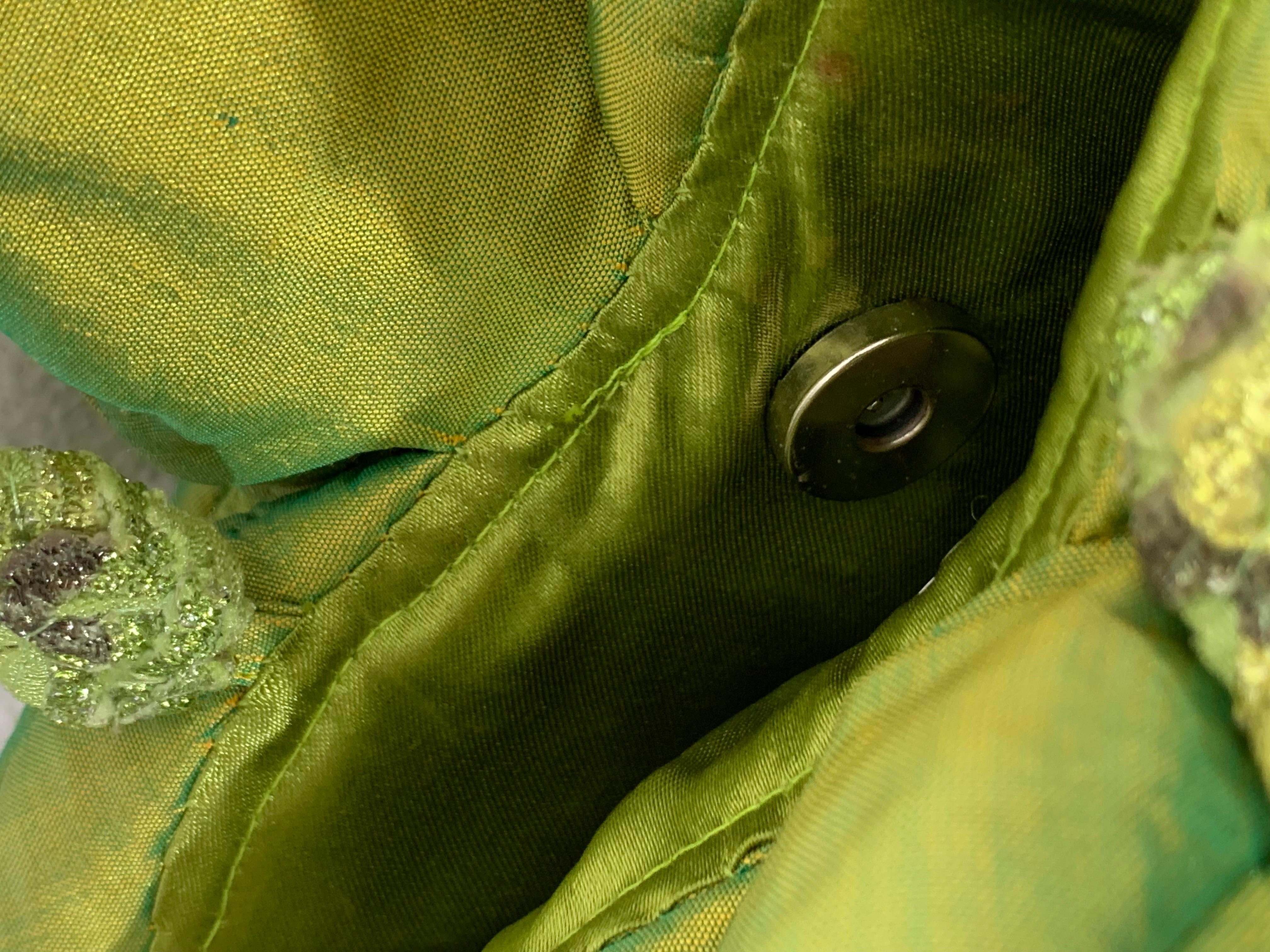 Custom-Made Chartreuse Shimmery Silk Organza Floral Handbag w Bead Tassel For Sale 4