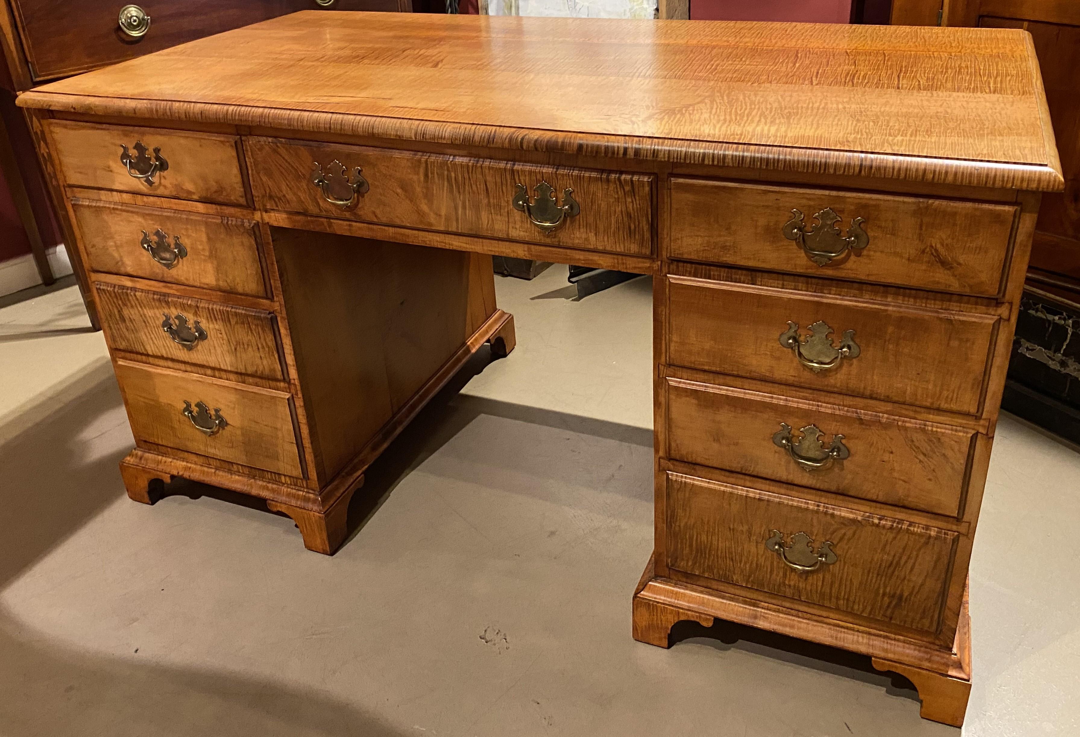 Brass Custom Made Chippendale Style Partners Desk in Tiger Maple For Sale