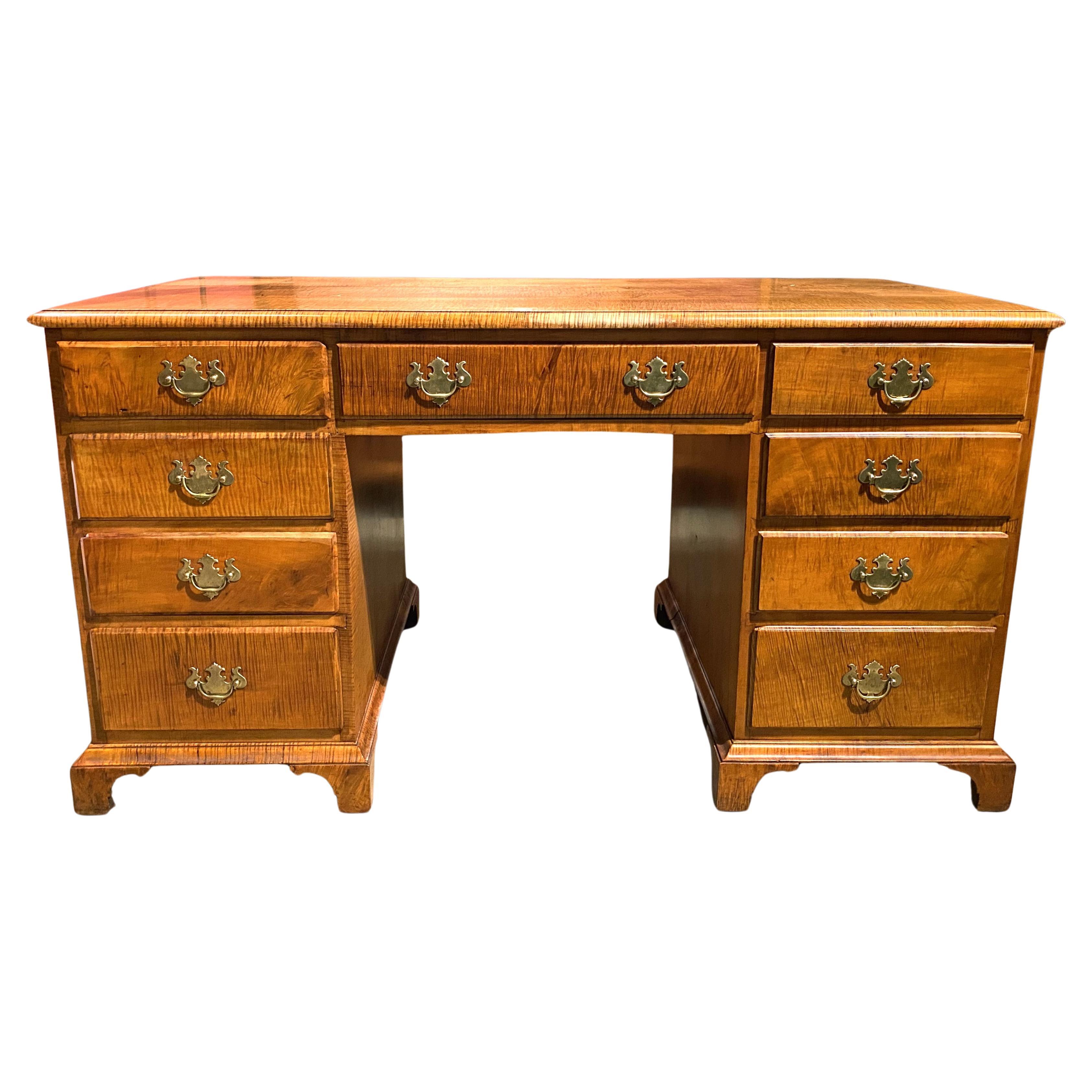 Custom Made Chippendale Style Partners Desk in Tiger Maple For Sale