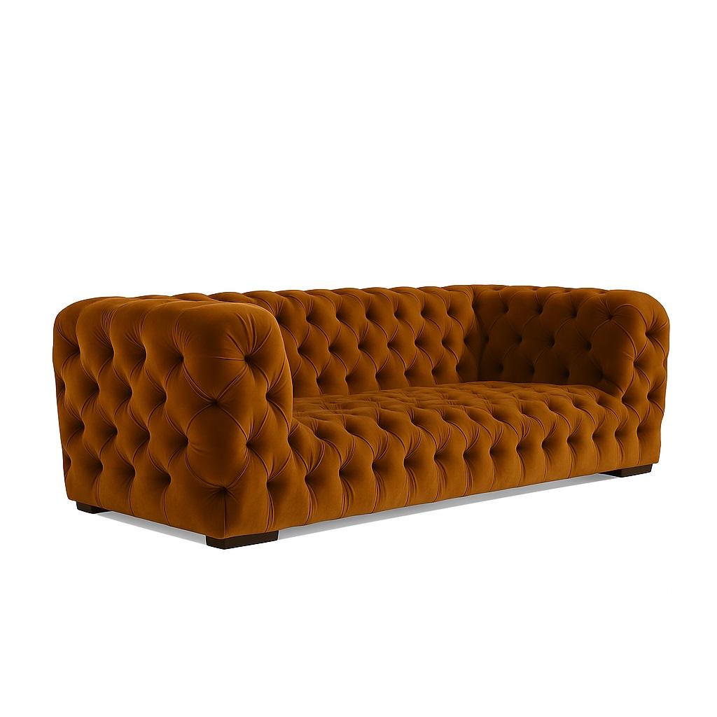 This luxurious sofa offers a modern interpretation of a classic design, distinguished by its deep, all-over button tufting across the back, arms, and front base. Upholstered in a rich, bronze brown velvet, it presents a plush and inviting aesthetic.