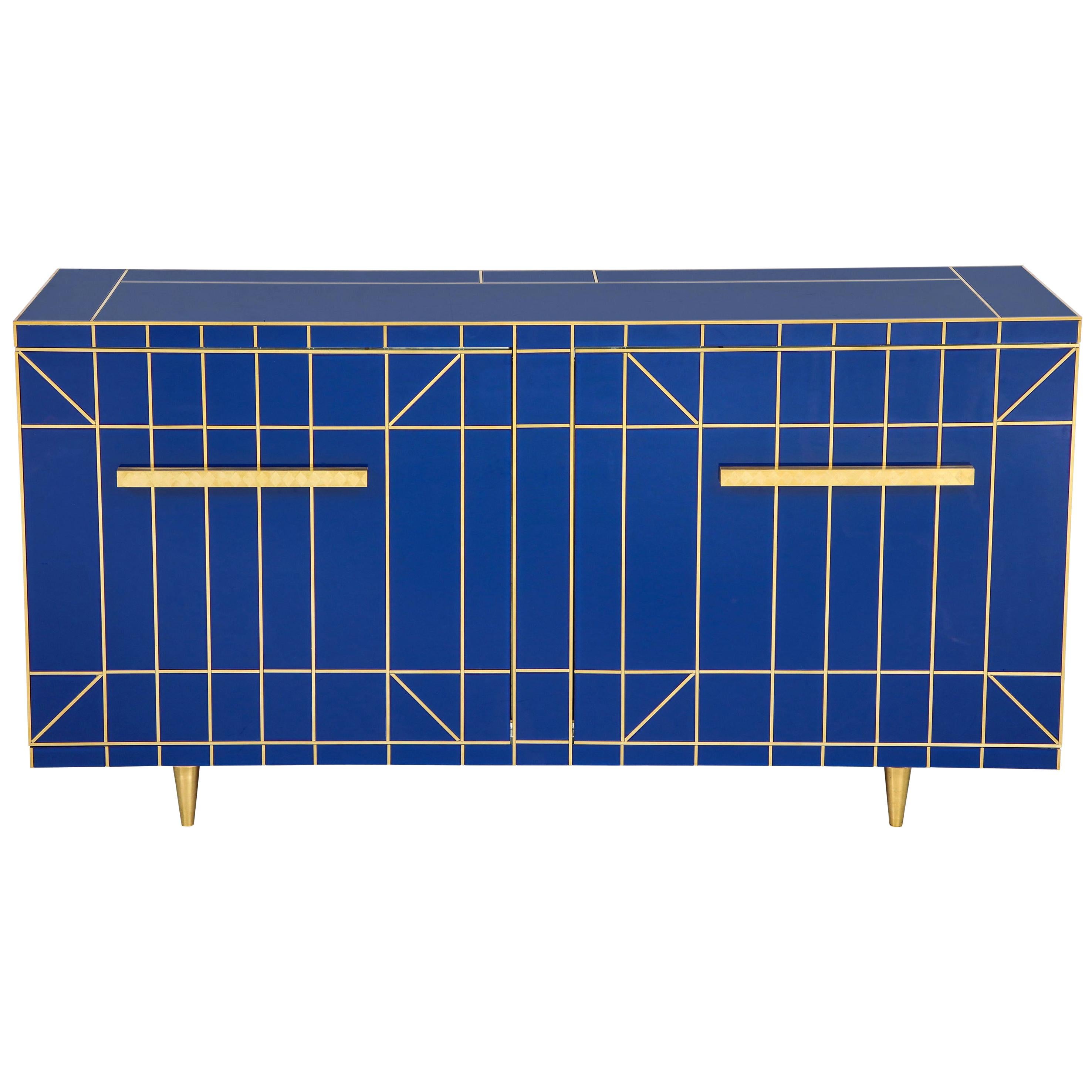 Custom Made Cobalt Blue Glass with Brass Inlay Mirrored Sideboard, Spain
