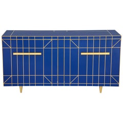 Custom Made Cobalt Blue Glass with Brass Inlay Mirrored Sideboard, Spain