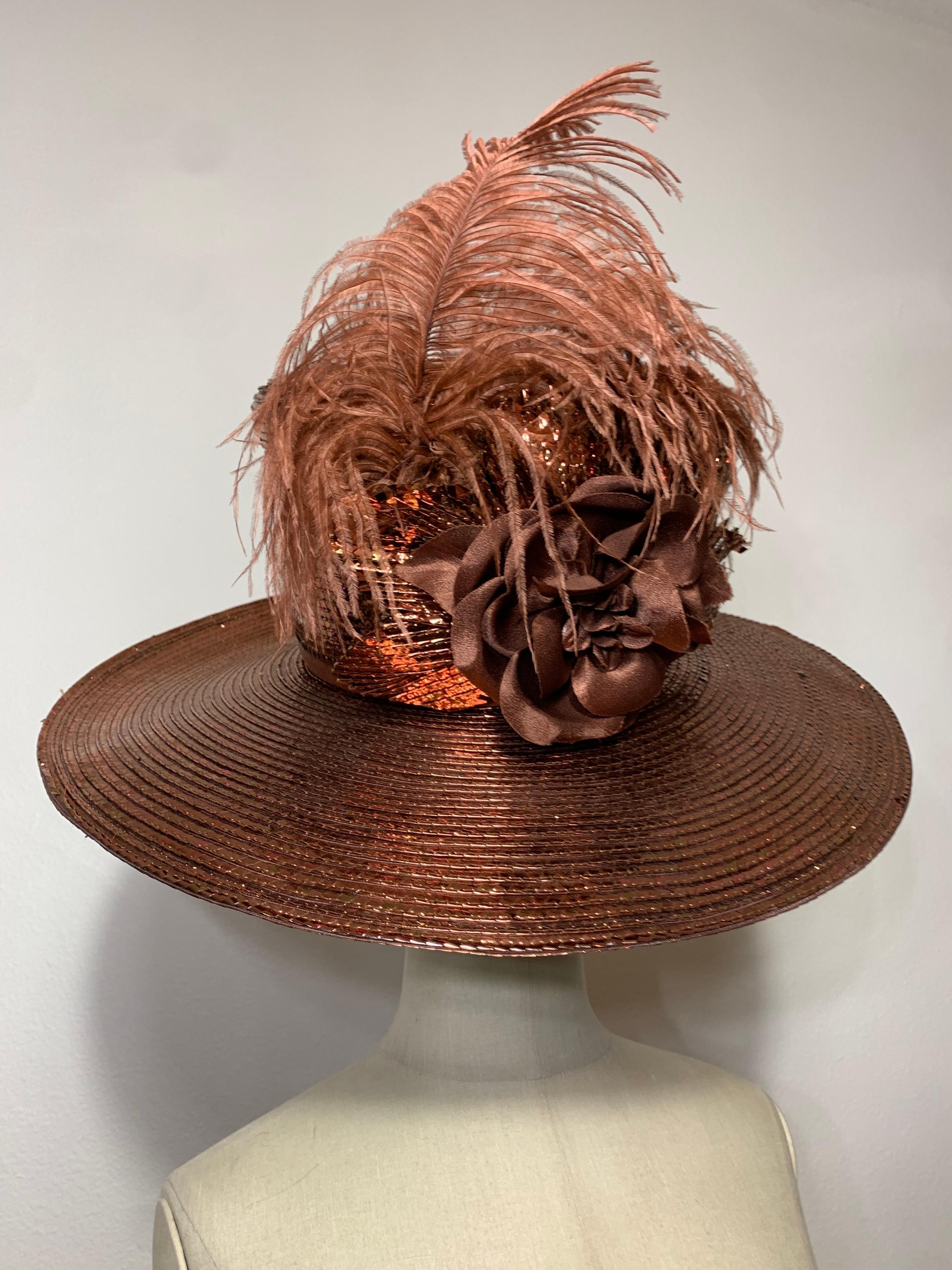 Custom Made Copper Straw Medium Brim Hat w Tall Crown Feathers & Silk Flowers  For Sale 6