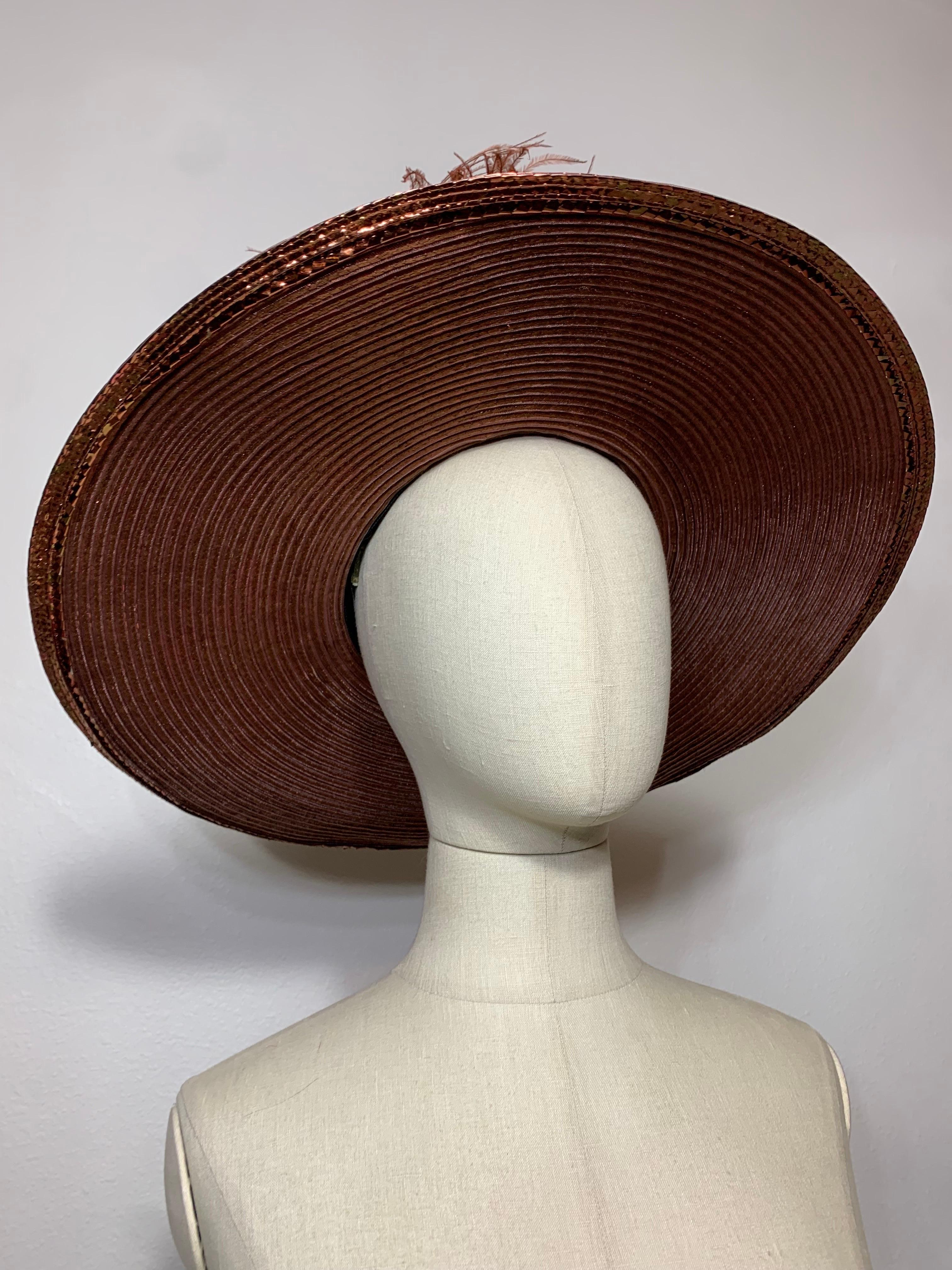 Custom Made Copper Straw Medium Brim Hat w Tall Crown Feathers & Silk Flowers  For Sale 7