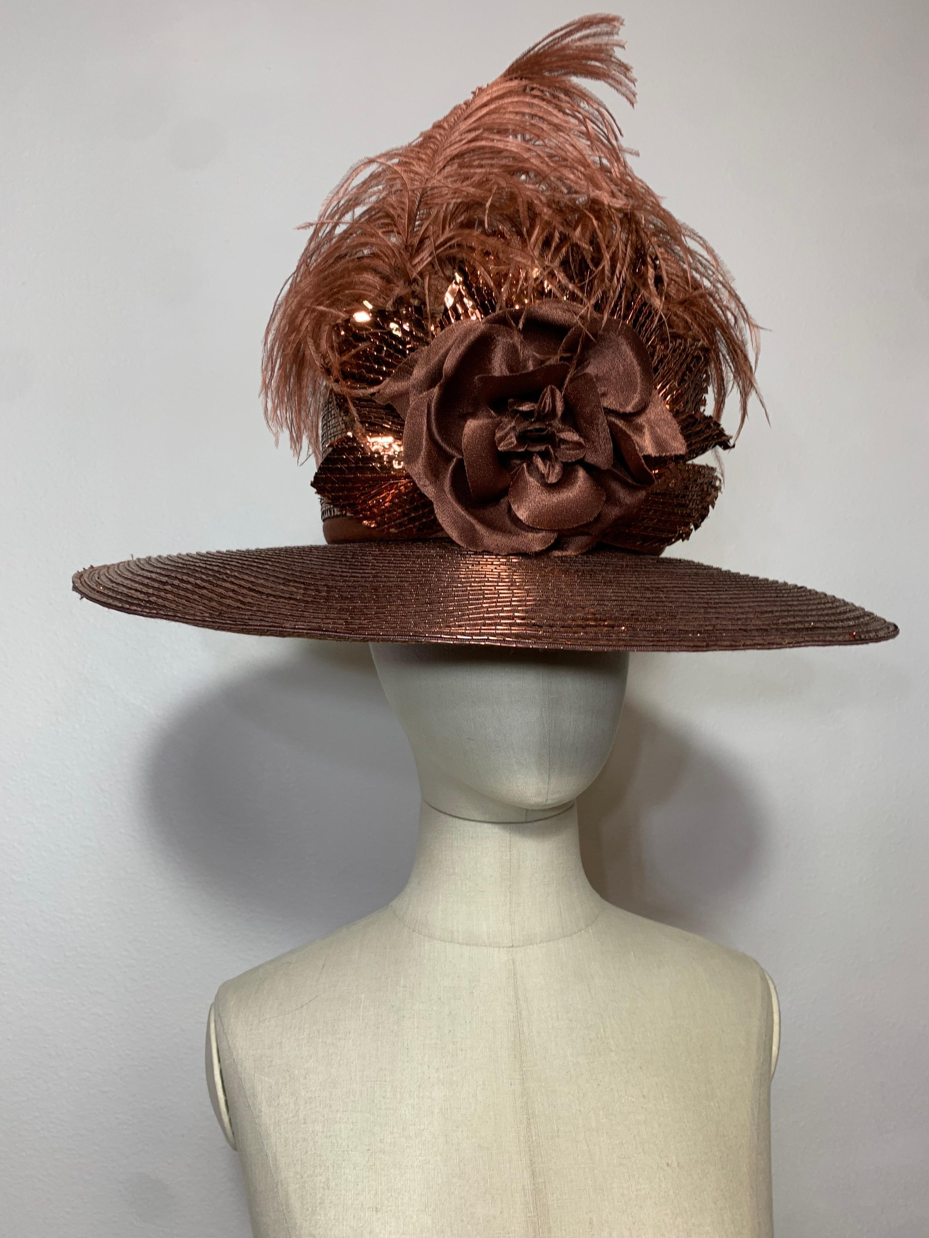 Custom Made Copper Straw Medium Brim Hat w Tall Crown Feathers & Silk Flowers  For Sale 8
