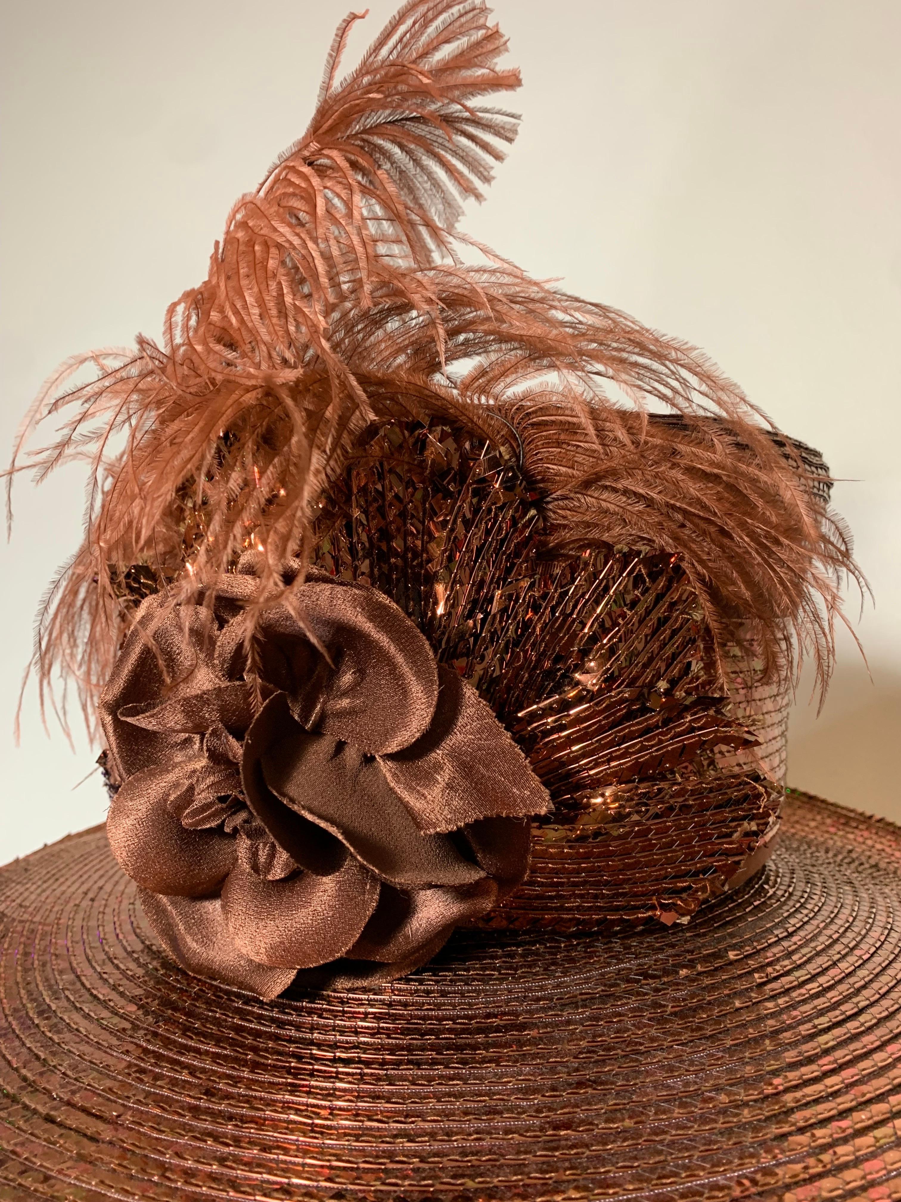 Custom Made Copper Straw Medium Brim Hat w Tall Crown Feathers & Silk Flowers  For Sale 9