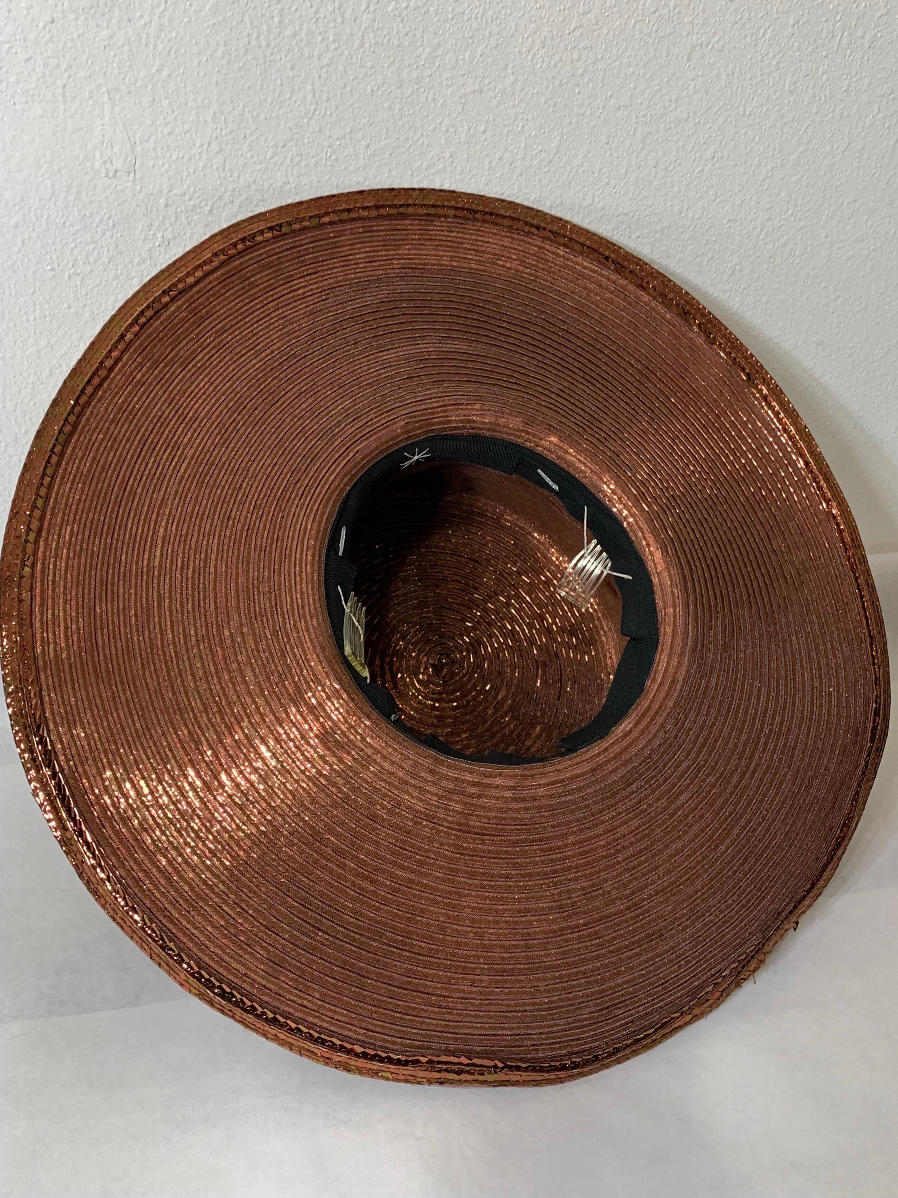 Custom Made Copper Straw Medium Brim Hat w Tall Crown Feathers & Silk Flowers  For Sale 11