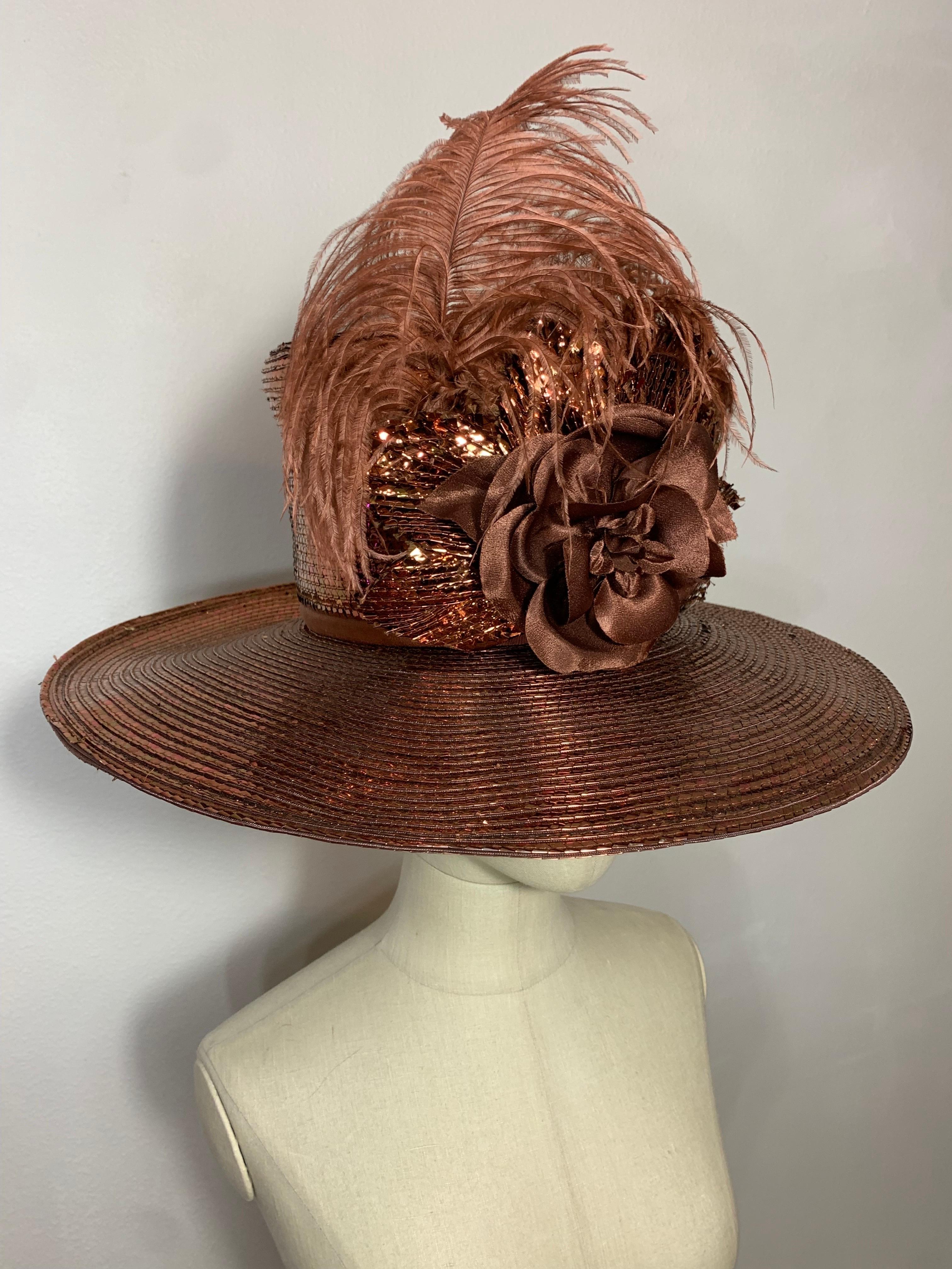 Custom Made Copper Straw Medium Brim Hat w Tall Crown Feathers & Silk Flowers  In Excellent Condition For Sale In Gresham, OR
