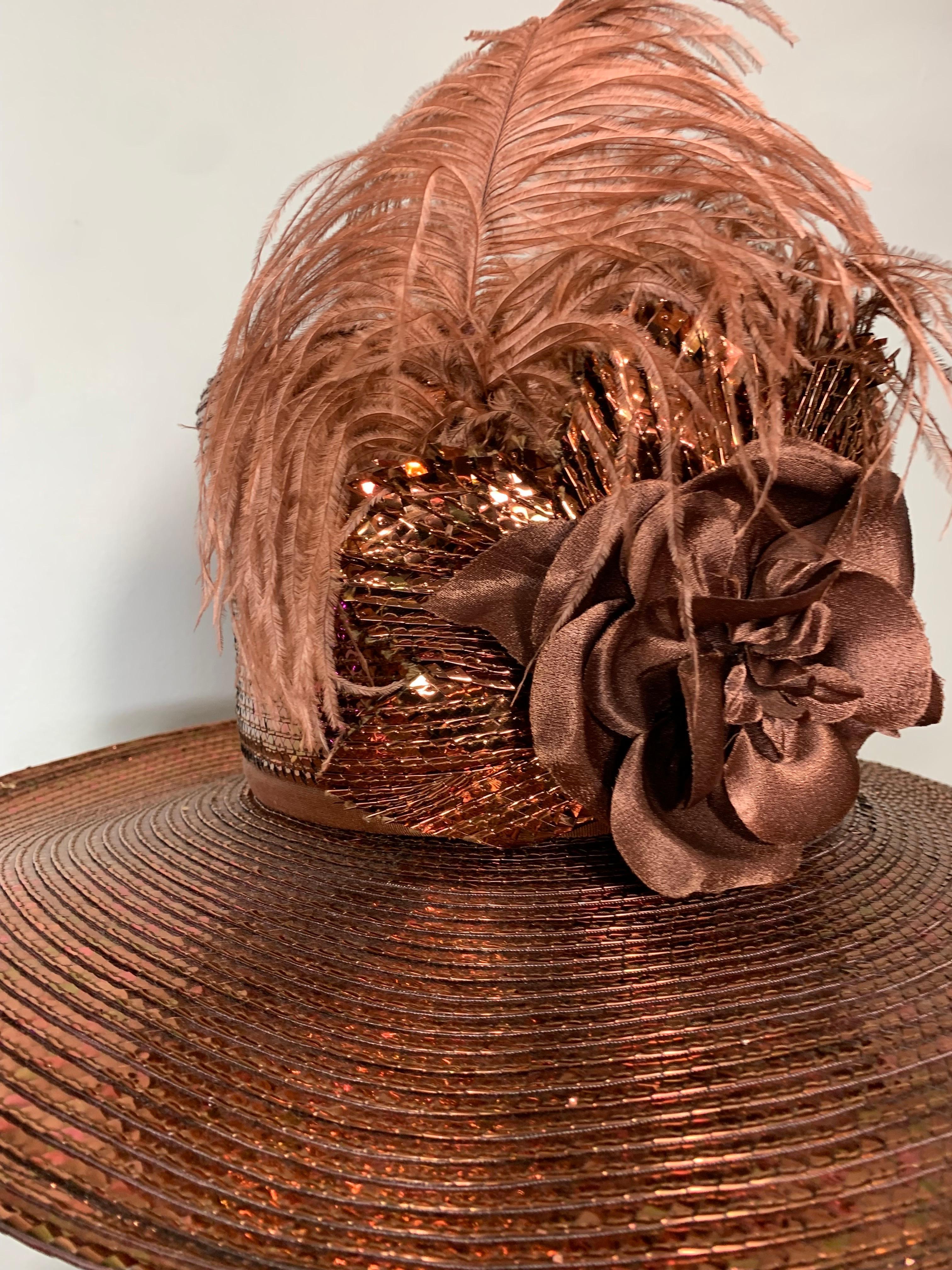 Women's Custom Made Copper Straw Medium Brim Hat w Tall Crown Feathers & Silk Flowers  For Sale
