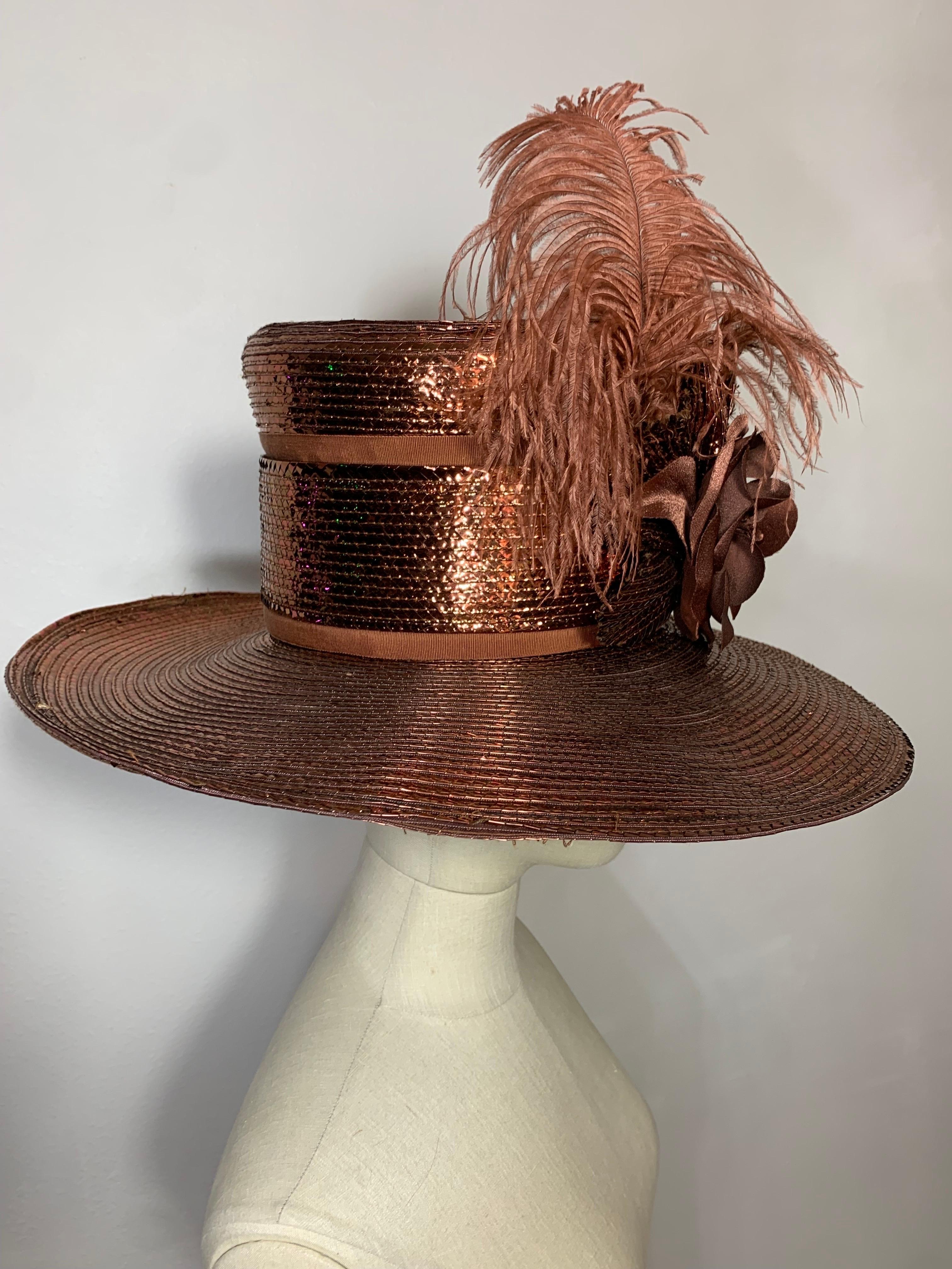 Custom Made Copper Straw Medium Brim Hat w Tall Crown Feathers & Silk Flowers  For Sale 1