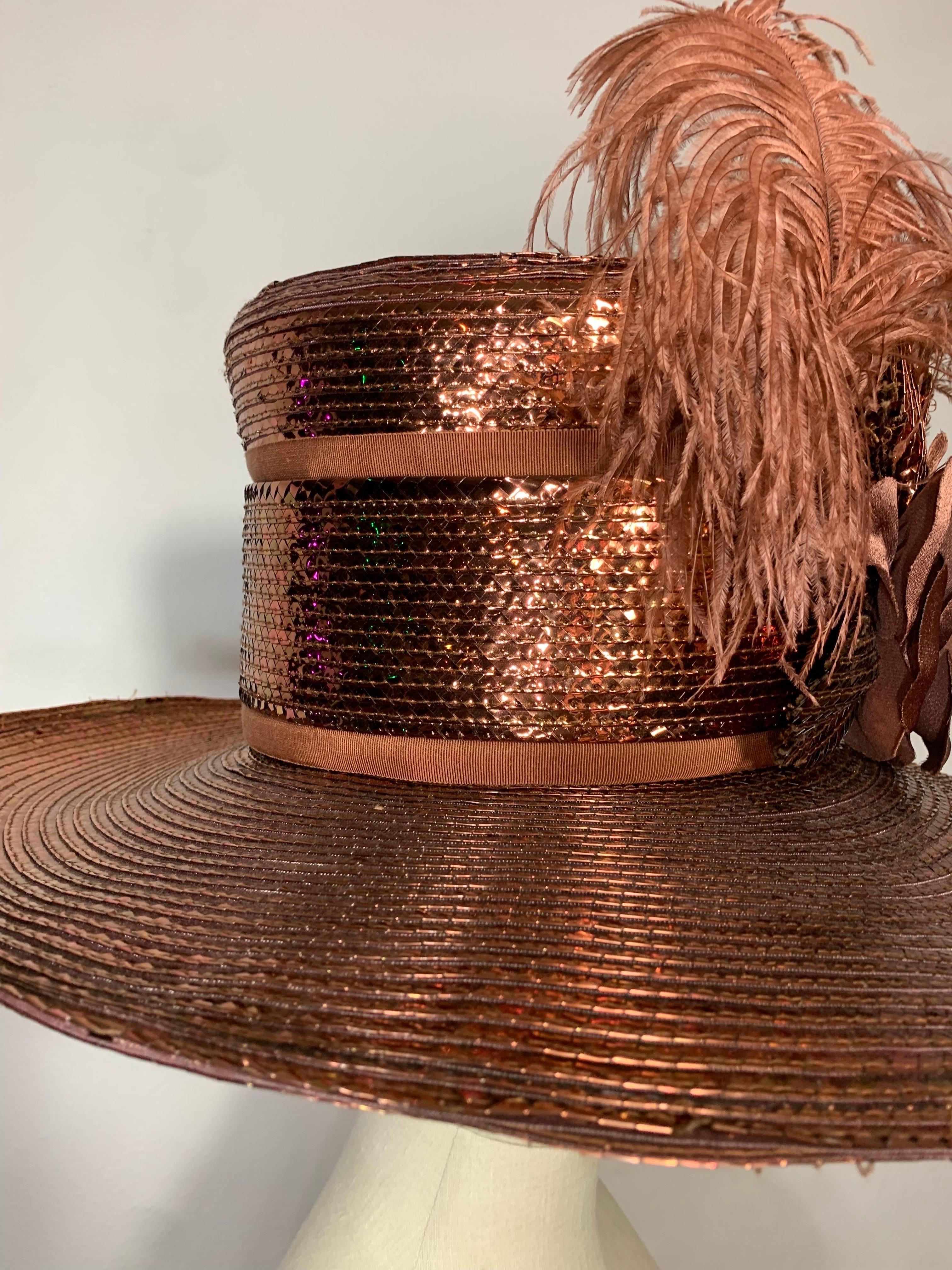 Custom Made Copper Straw Medium Brim Hat w Tall Crown Feathers & Silk Flowers  For Sale 2