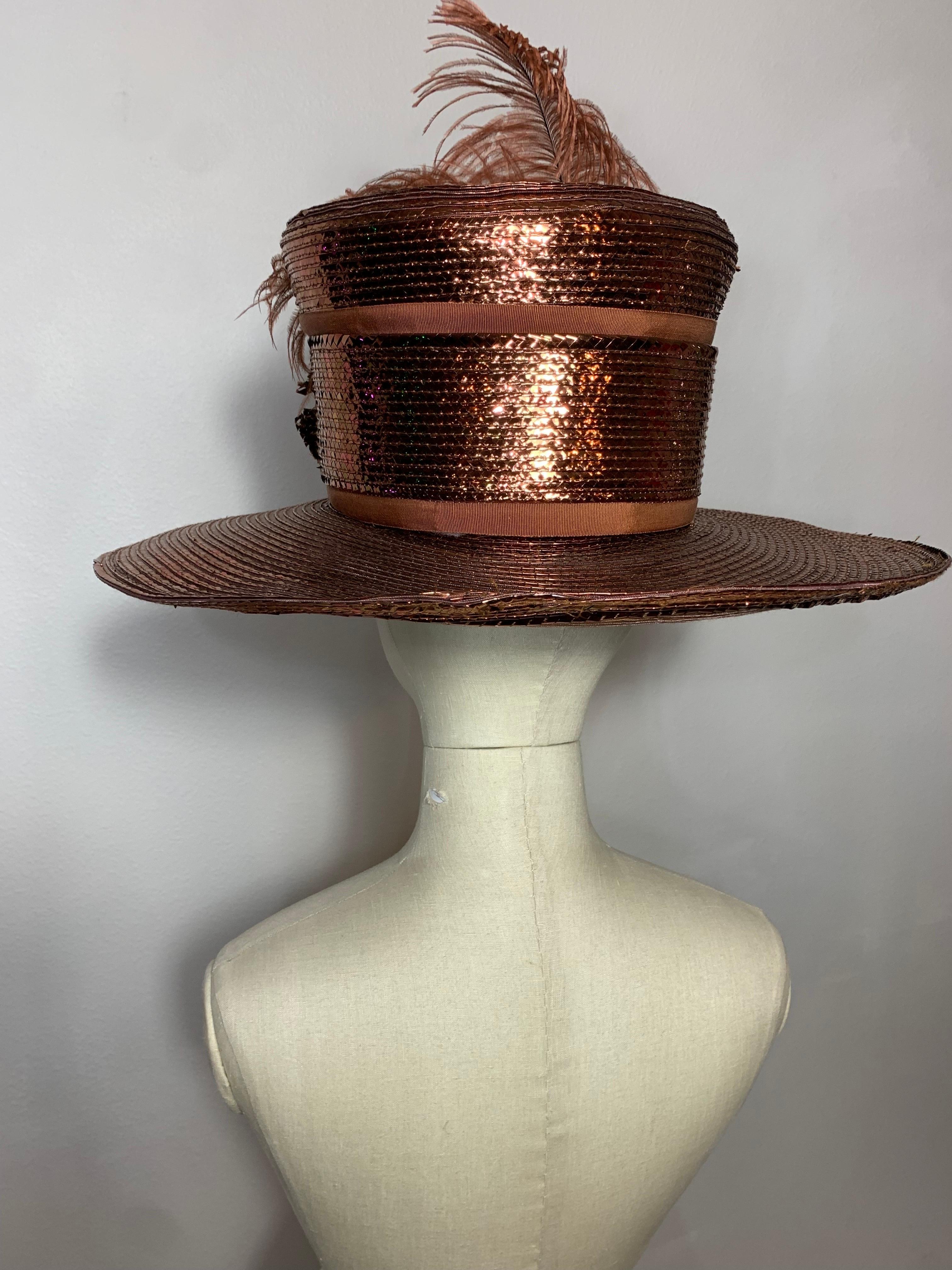 Custom Made Copper Straw Medium Brim Hat w Tall Crown Feathers & Silk Flowers  For Sale 3