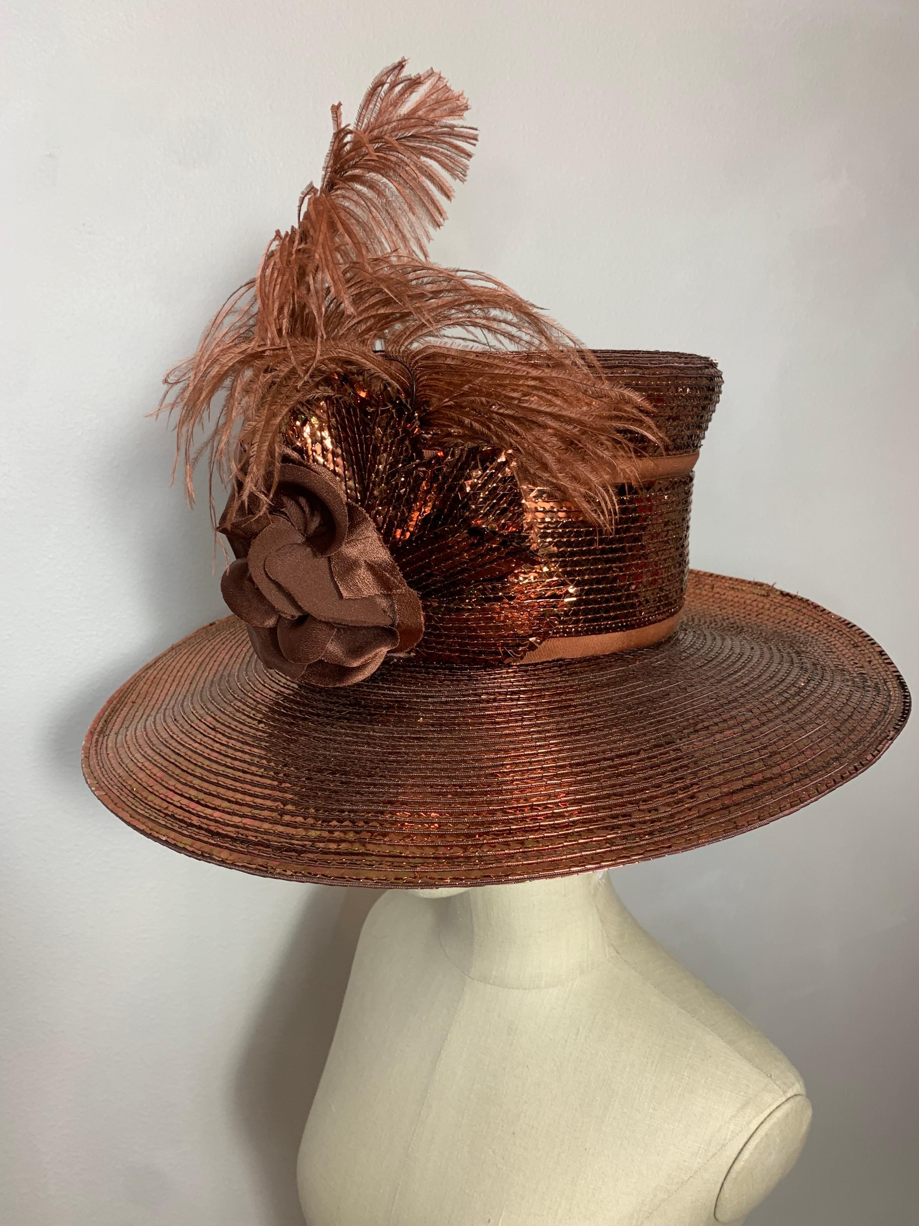 Custom Made Copper Straw Medium Brim Hat w Tall Crown Feathers & Silk Flowers  For Sale 4