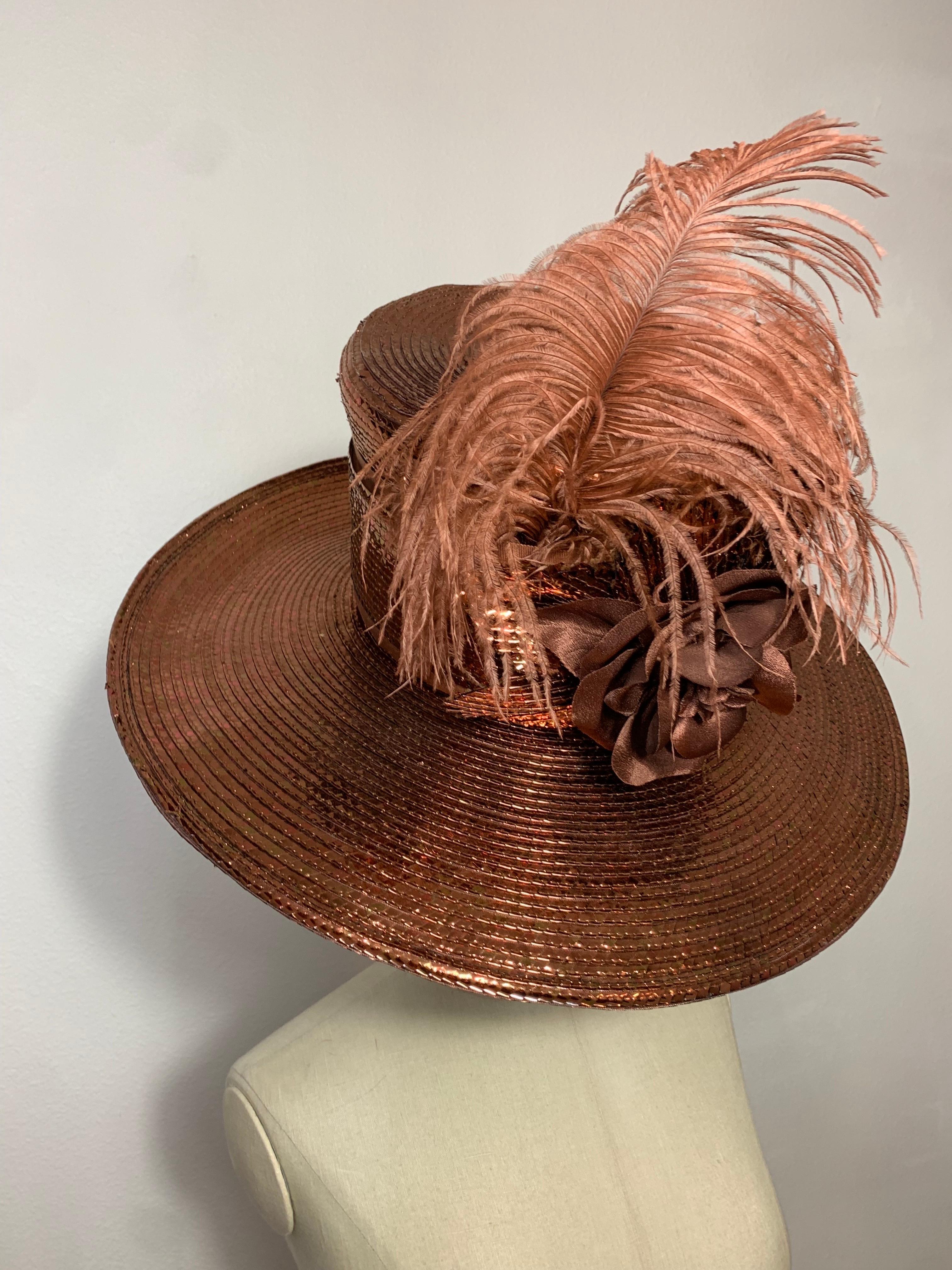 Custom Made Copper Straw Medium Brim Hat w Tall Crown Feathers & Silk Flowers  For Sale 5
