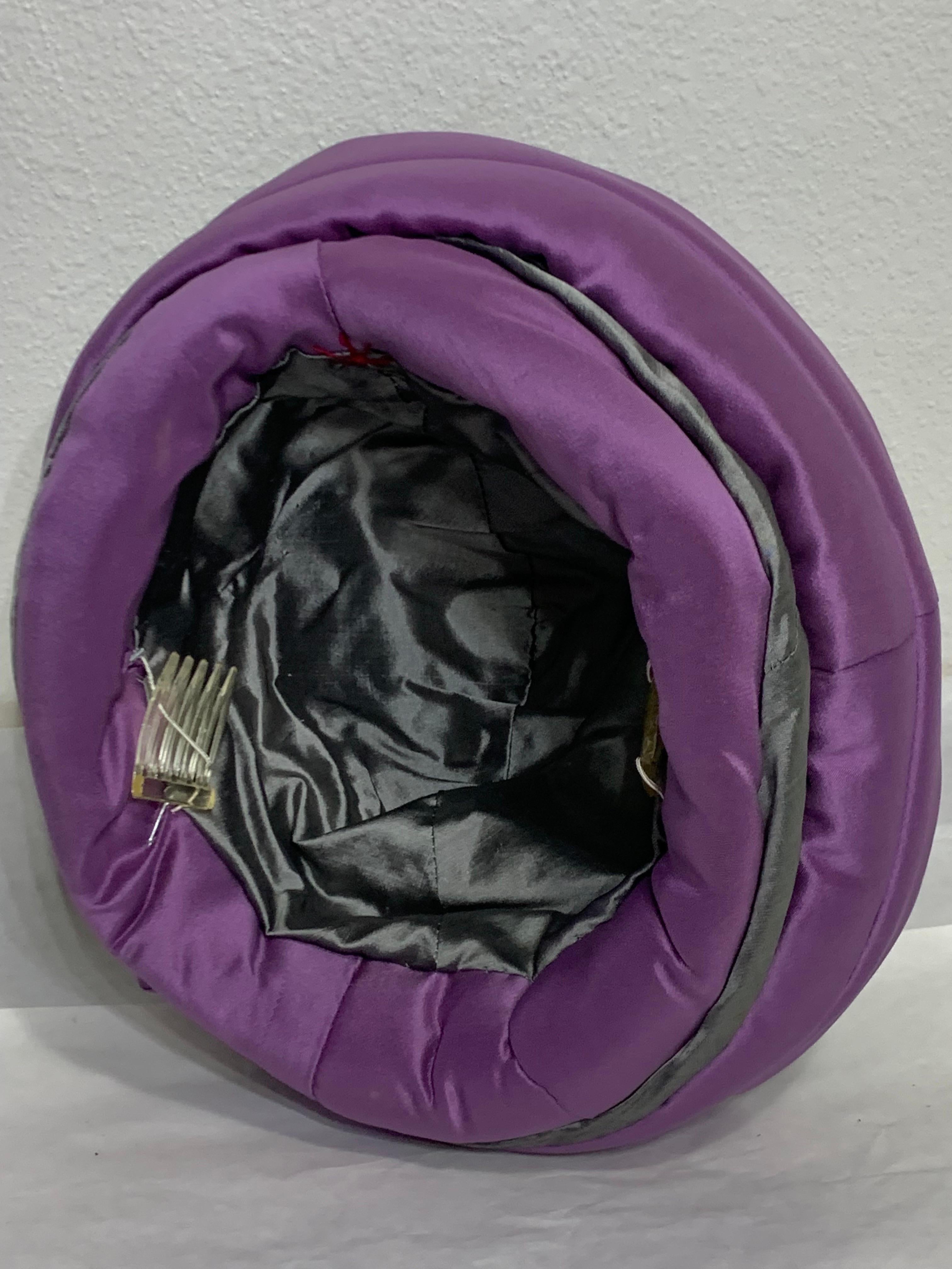 CUSTOM MADE Couture Purple & Gray Tufted & Draped Toque Turban w Hat Pin en vente 7