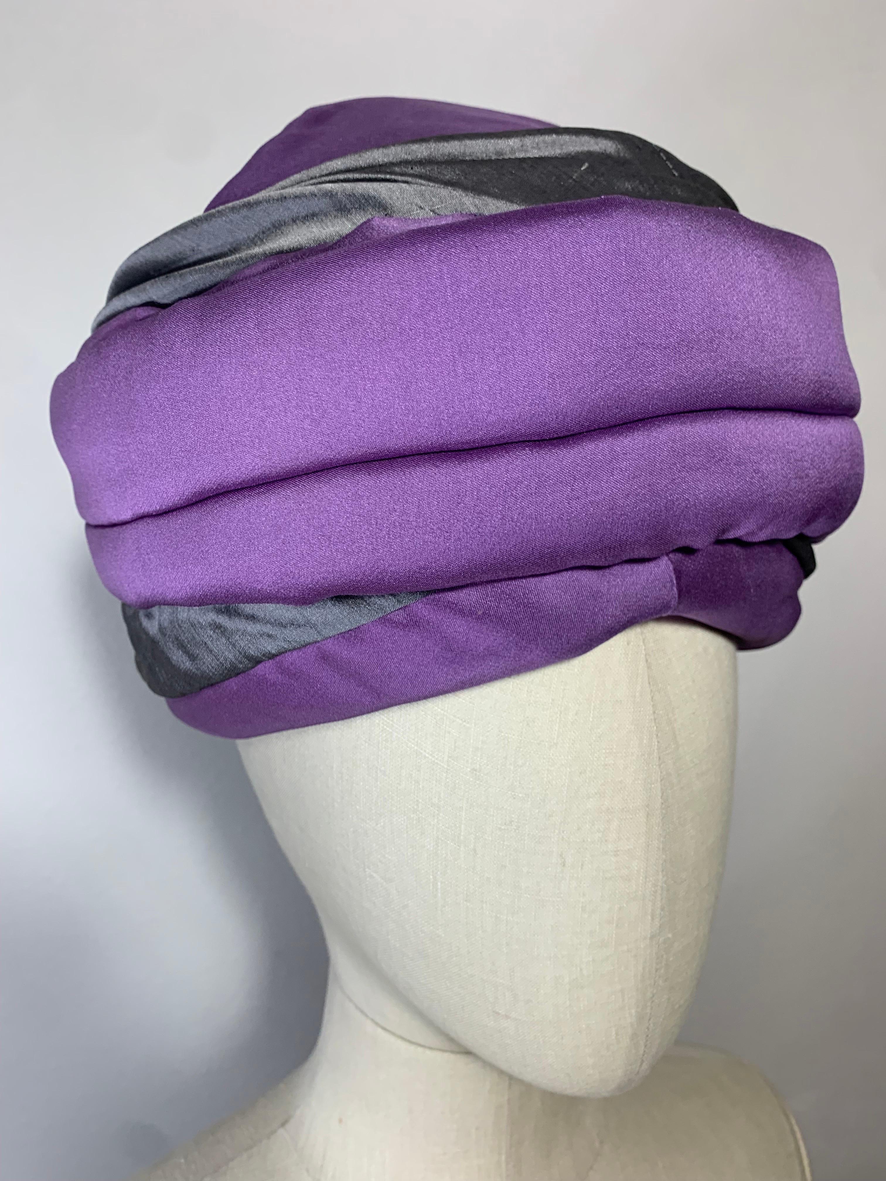 Custom-Made Couture Purple & Gray Tufted & Draped Toque Turban w Hat Pin In Excellent Condition For Sale In Gresham, OR