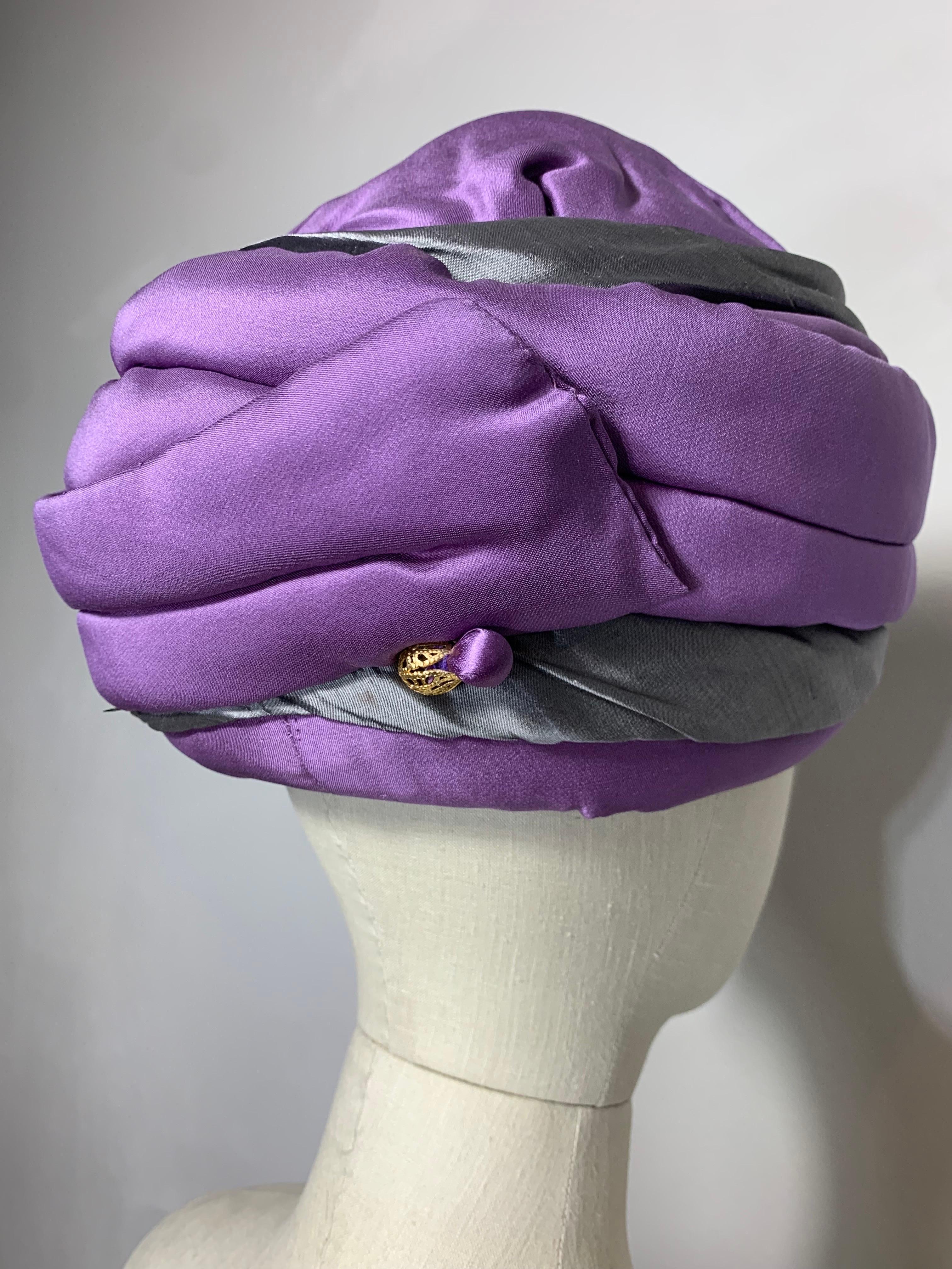 CUSTOM MADE Couture Purple & Gray Tufted & Draped Toque Turban w Hat Pin en vente 2