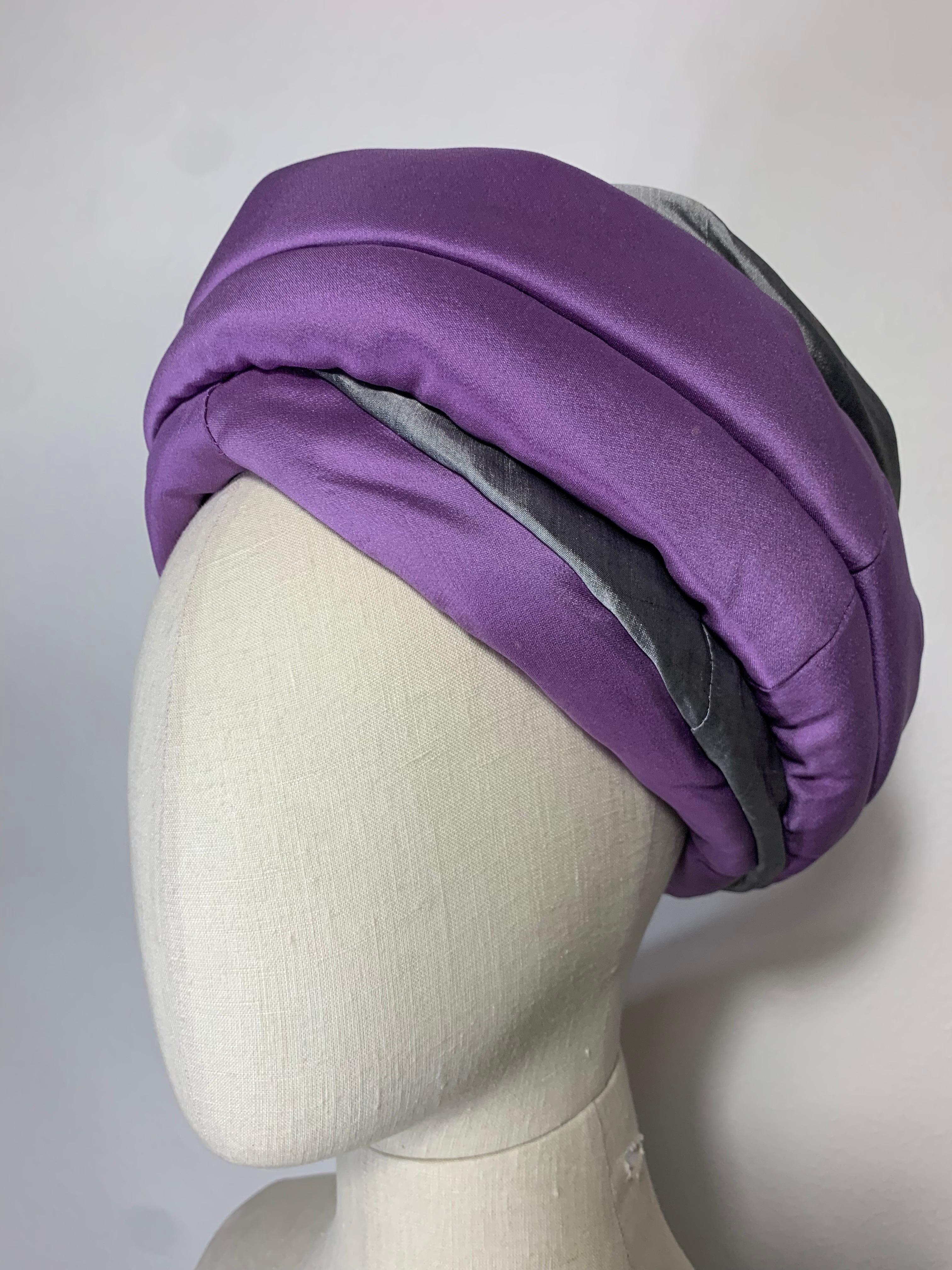 CUSTOM MADE Couture Purple & Gray Tufted & Draped Toque Turban w Hat Pin en vente 4