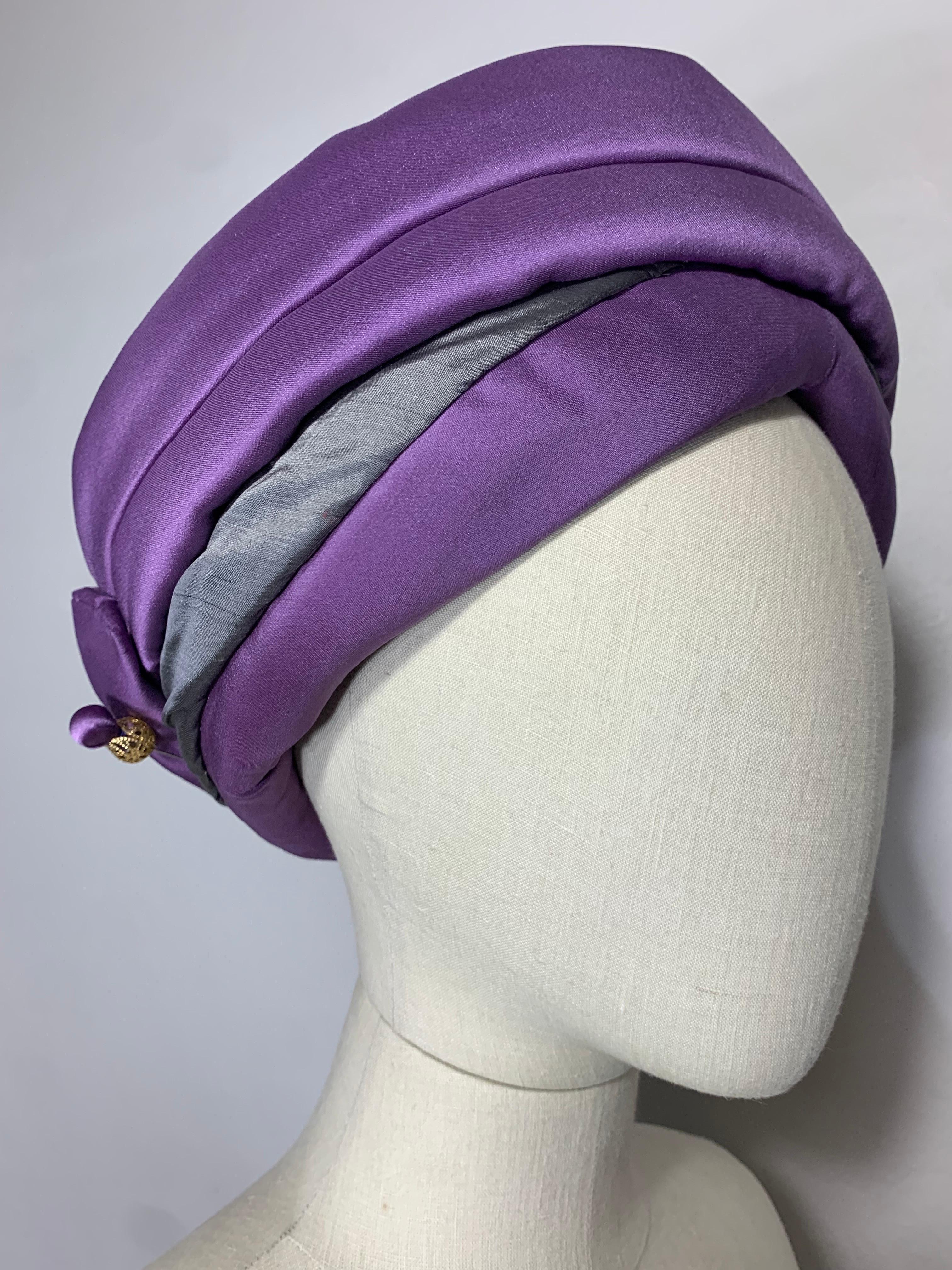 CUSTOM MADE Couture Purple & Gray Tufted & Draped Toque Turban w Hat Pin en vente 5