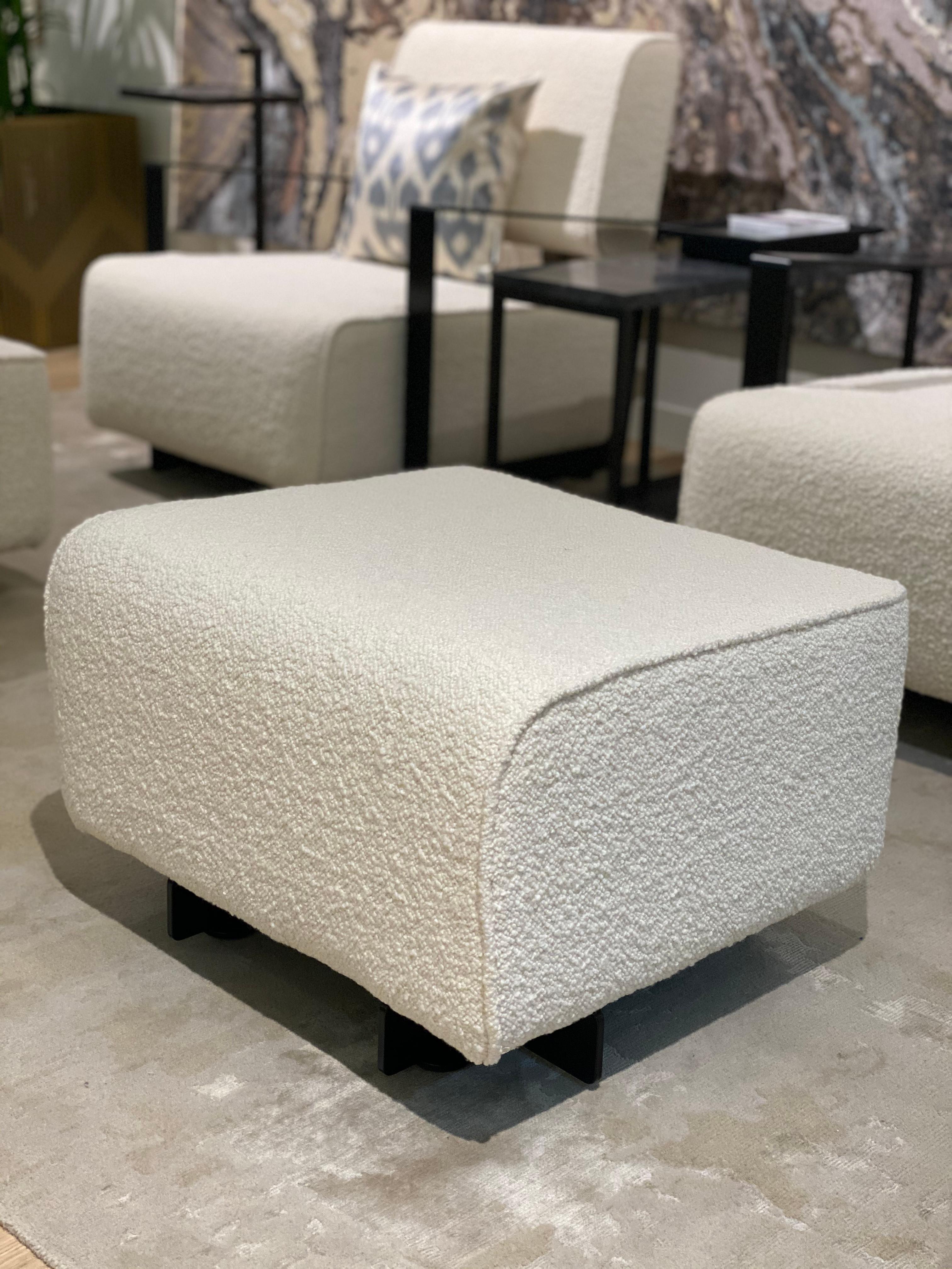 Custom Made Cronos Foot Stool in Steel Structure and Luxe Ivory Bouclé For Sale 2