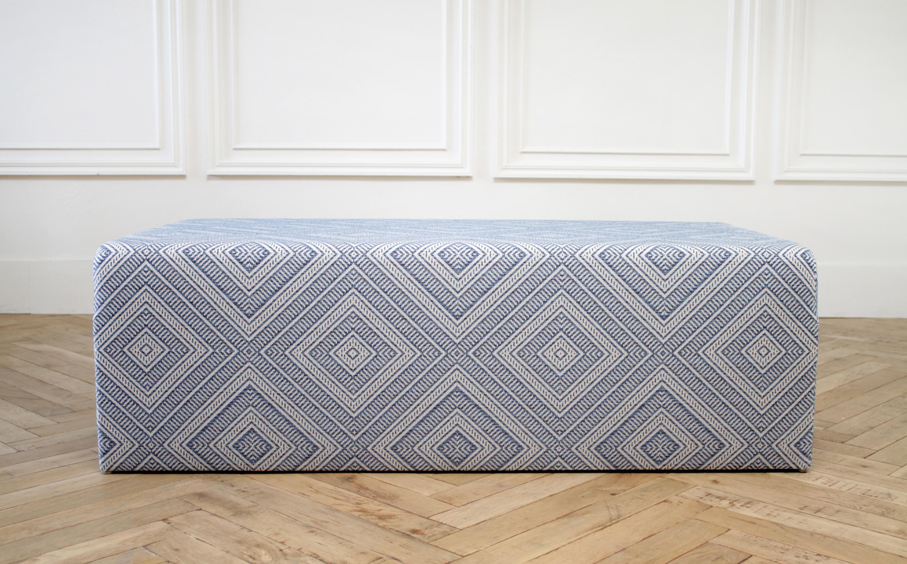 Beautiful custom made cocktail ottoman in durable blue diamond pattern.
We can make these any size, and shape. This fabric also comes in many different color variations. 
Size shown: 51