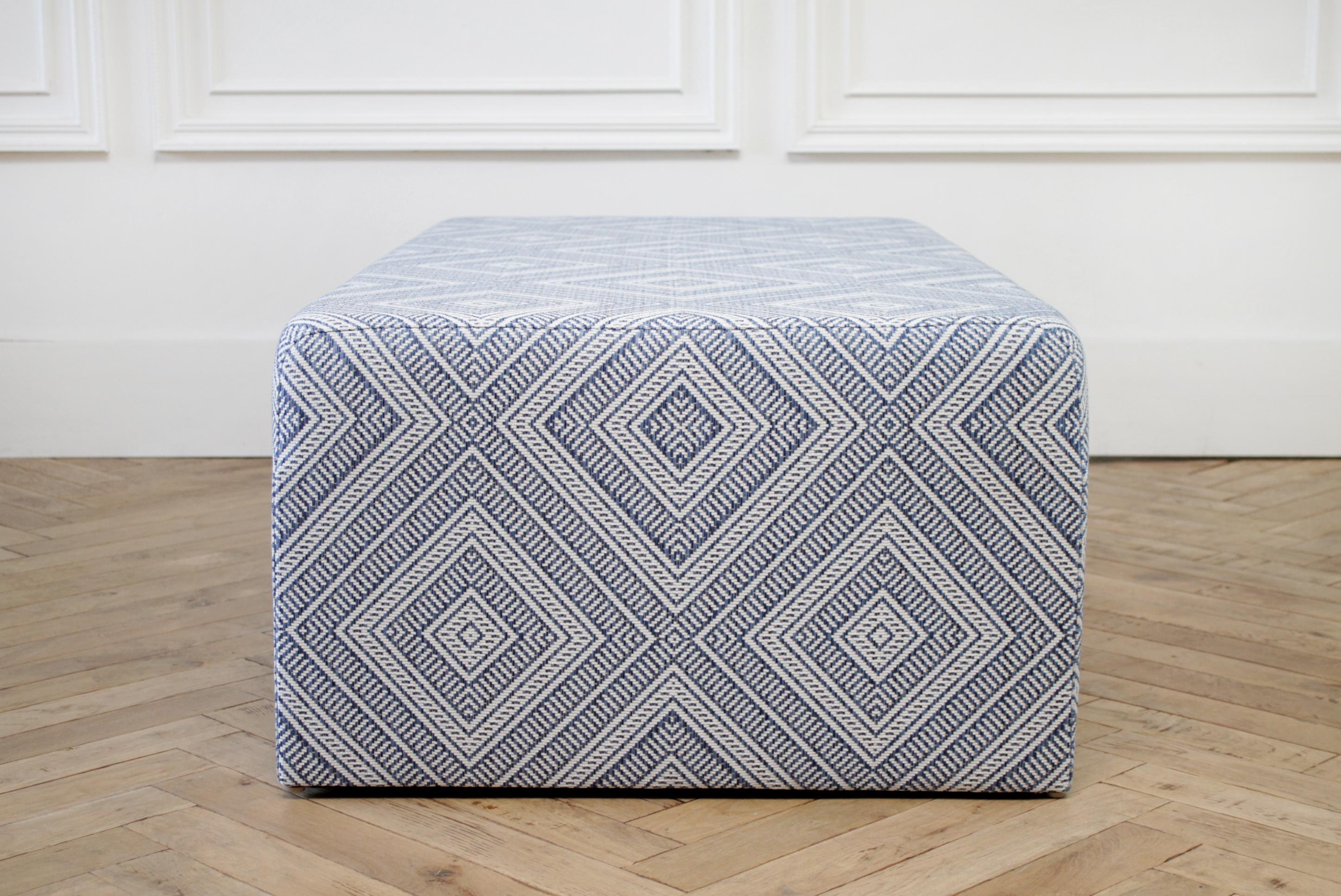 Custom Made Cube Cocktail Ottoman in Blue Diamond Fabric from France In New Condition In Brea, CA
