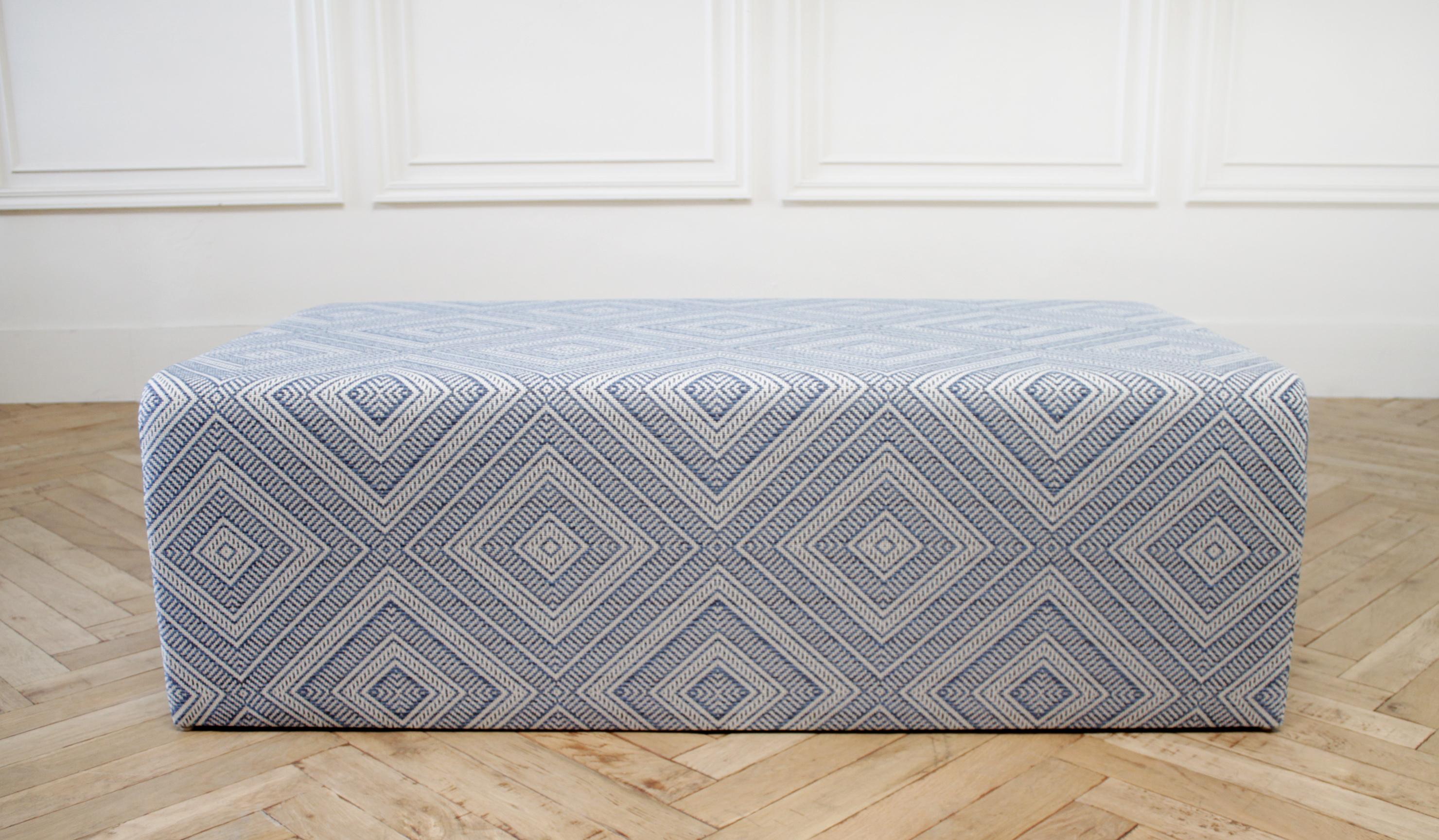 Contemporary Custom Made Cube Cocktail Ottoman in Blue Diamond Fabric from France
