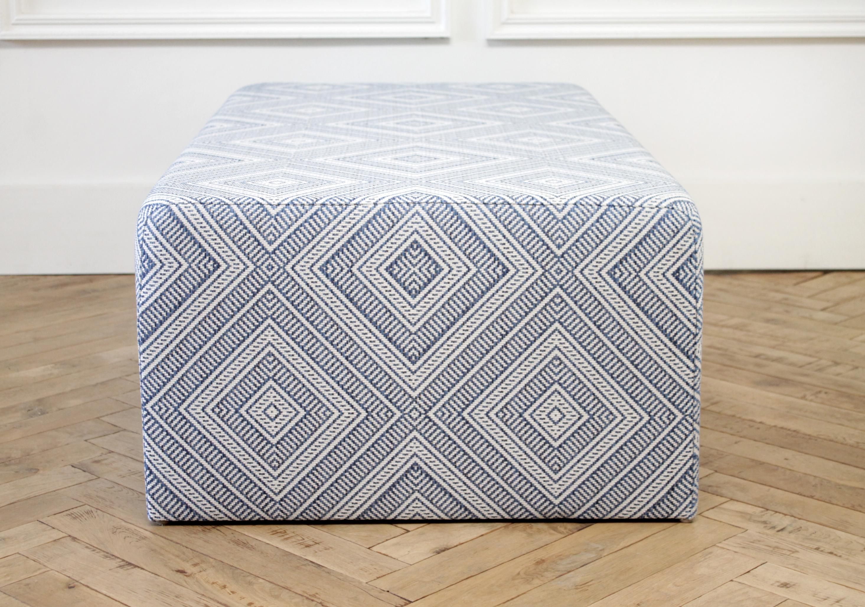 Wood Custom Made Cube Cocktail Ottoman in Blue Diamond Fabric from France