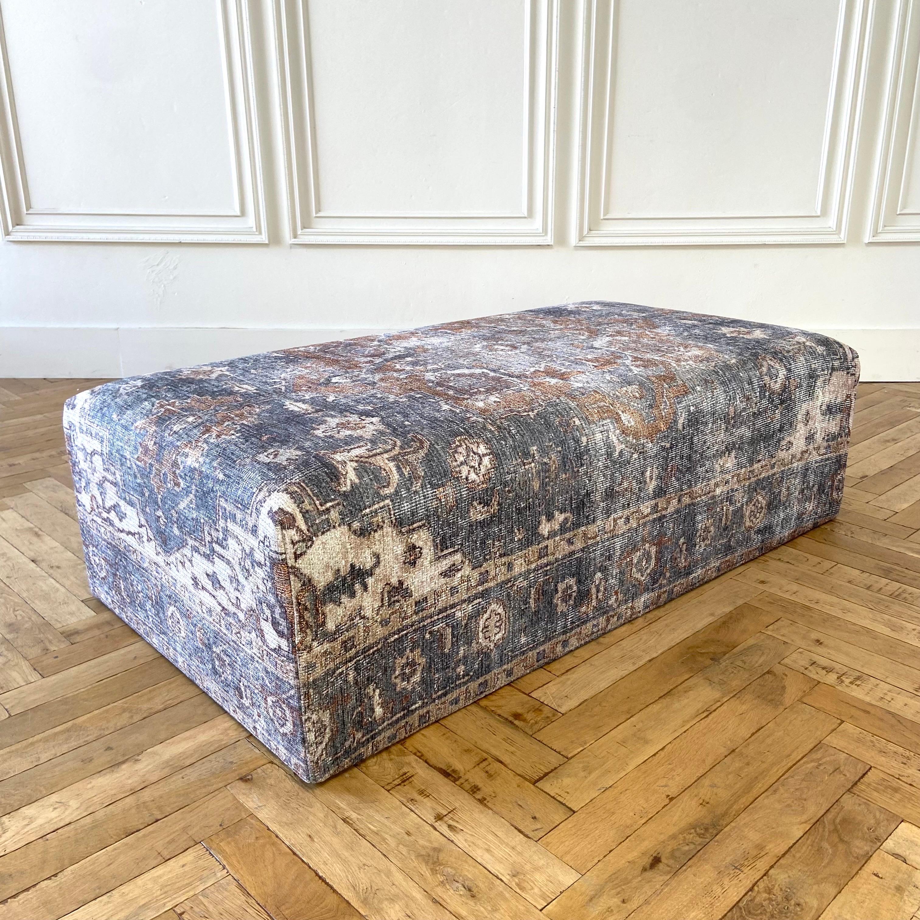 Custom Made Cube Ottoman in Vintage Turkish Rug Style In New Condition For Sale In Brea, CA