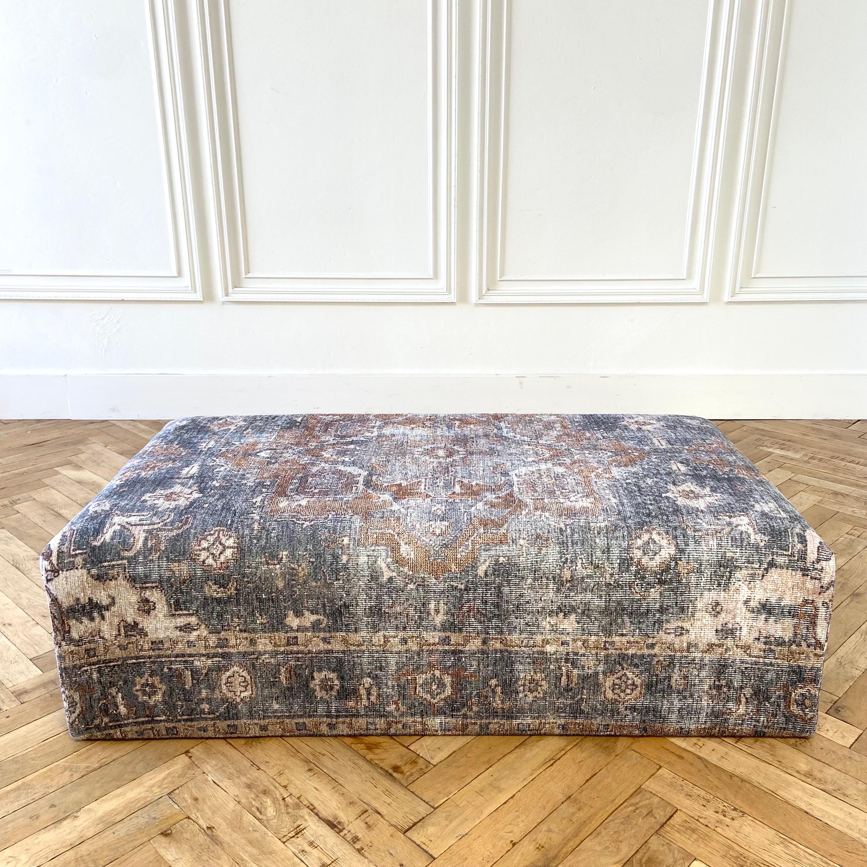 Contemporary Custom Made Cube Ottoman in Vintage Turkish Rug Style For Sale