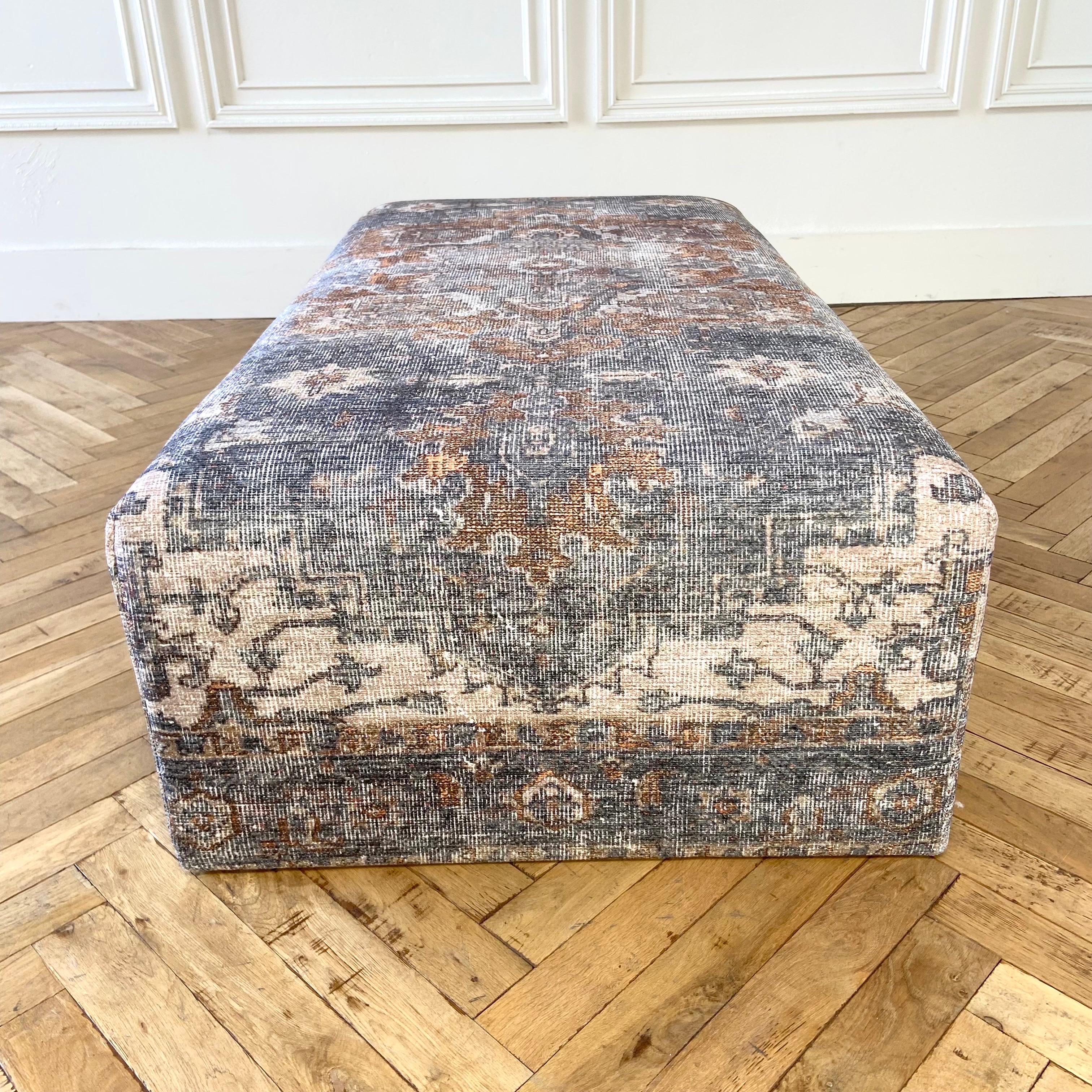 Foam Custom Made Cube Ottoman in Vintage Turkish Rug Style For Sale