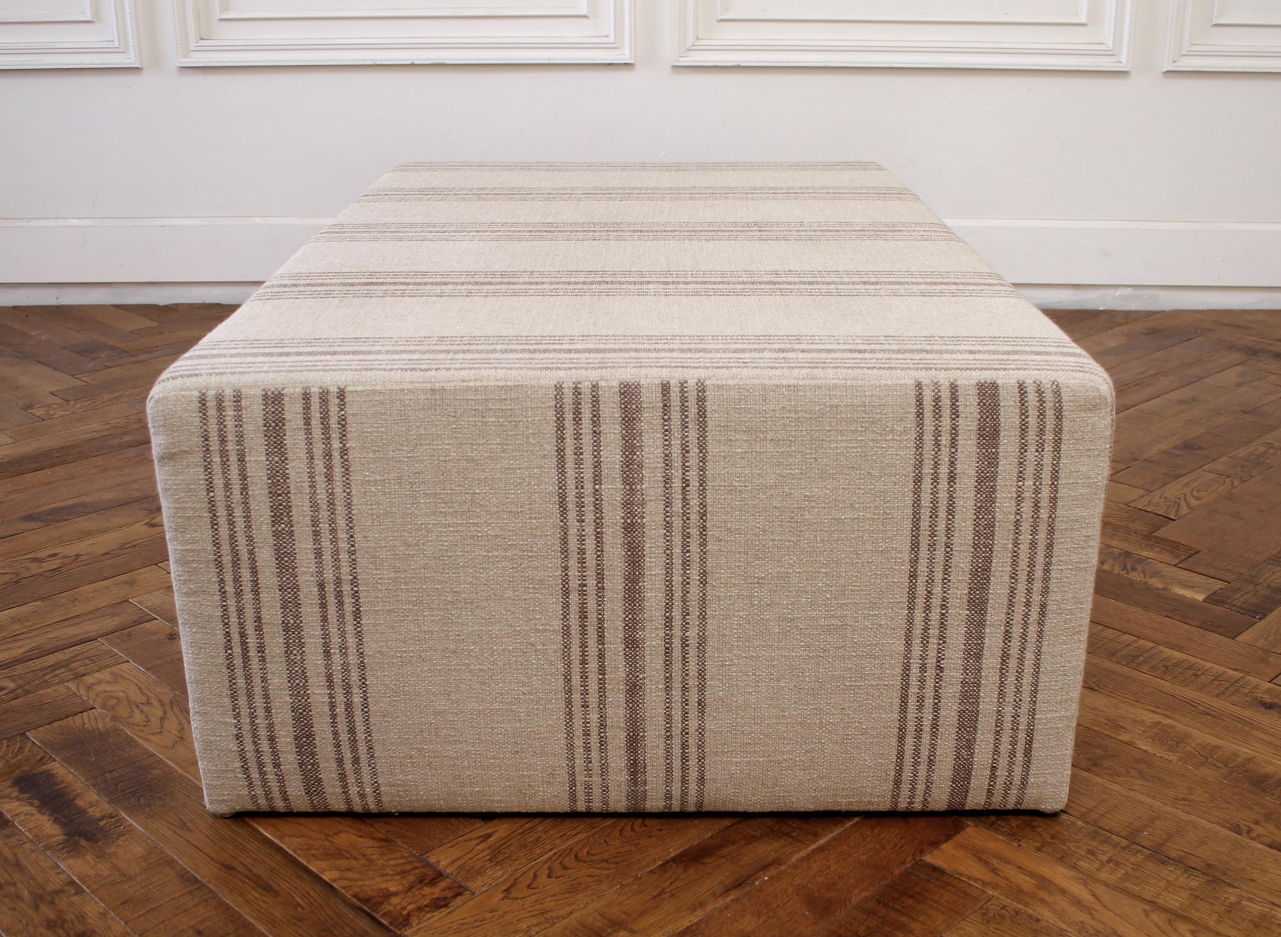 Custom Made Cube Ottoman with Natural Grainsack Style Upholstery 4