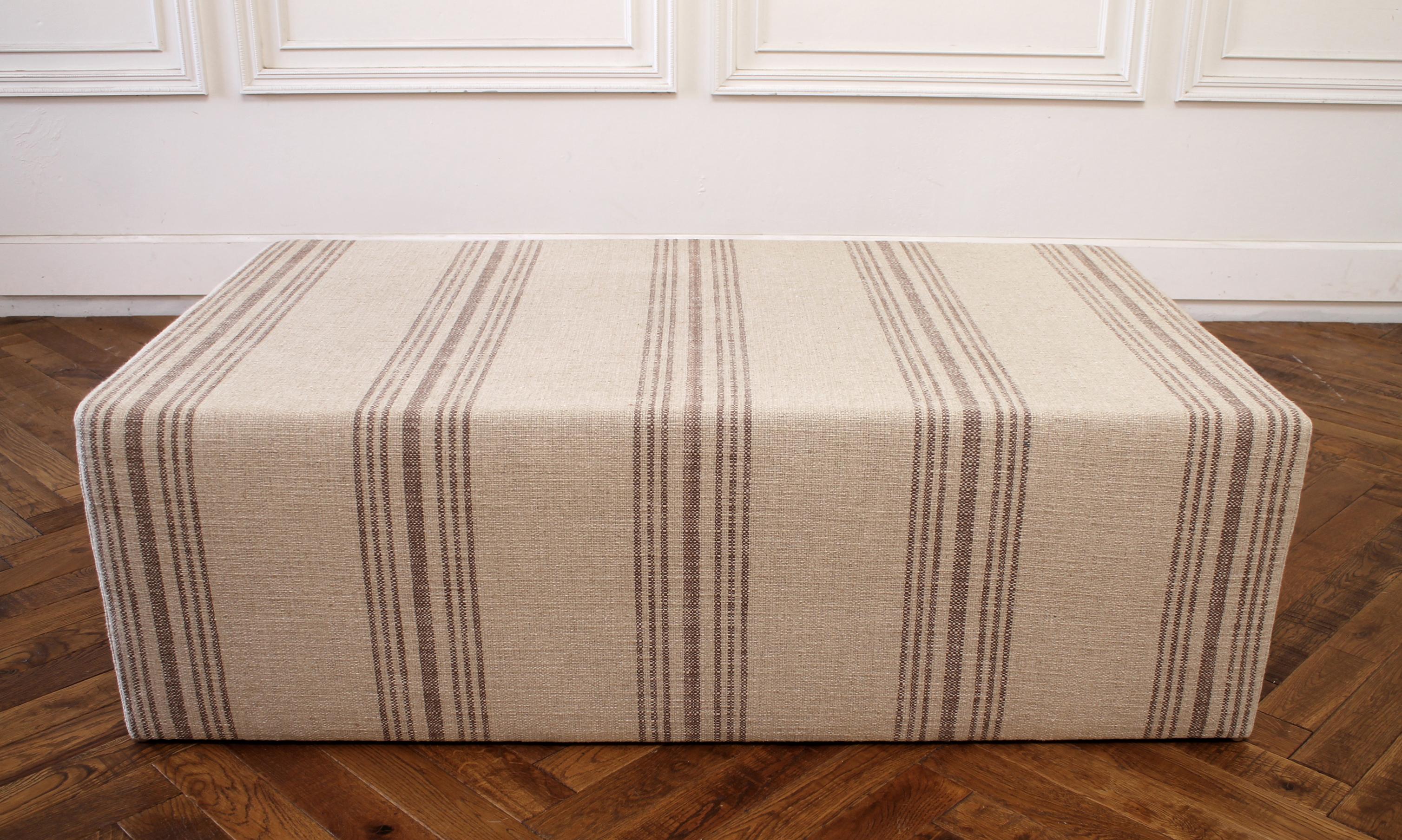 American Custom Made Cube Ottoman with Natural Grainsack Style Upholstery