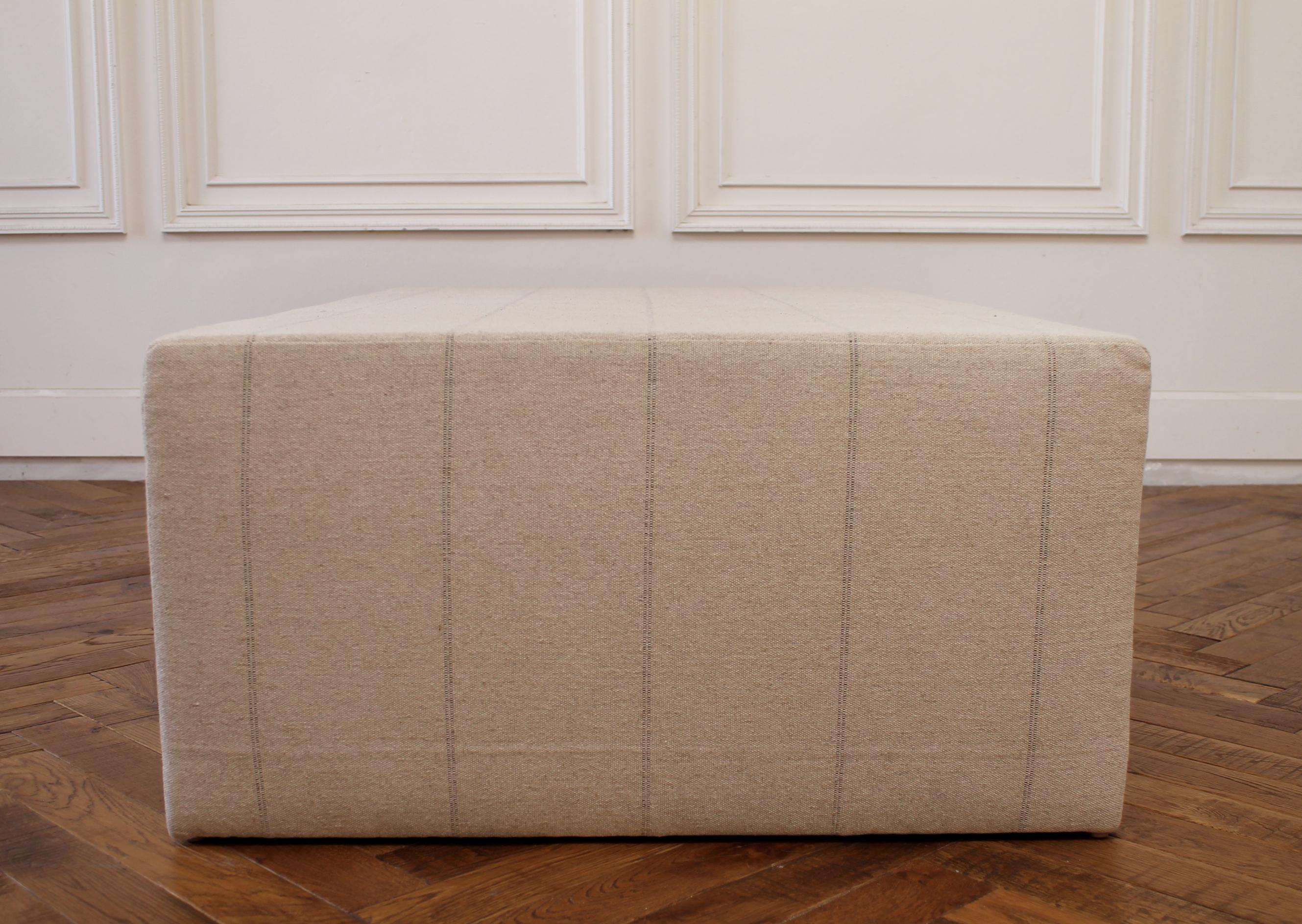 North American Custom Made Cube Ottoman with Natural Grainsack Style Upholstery