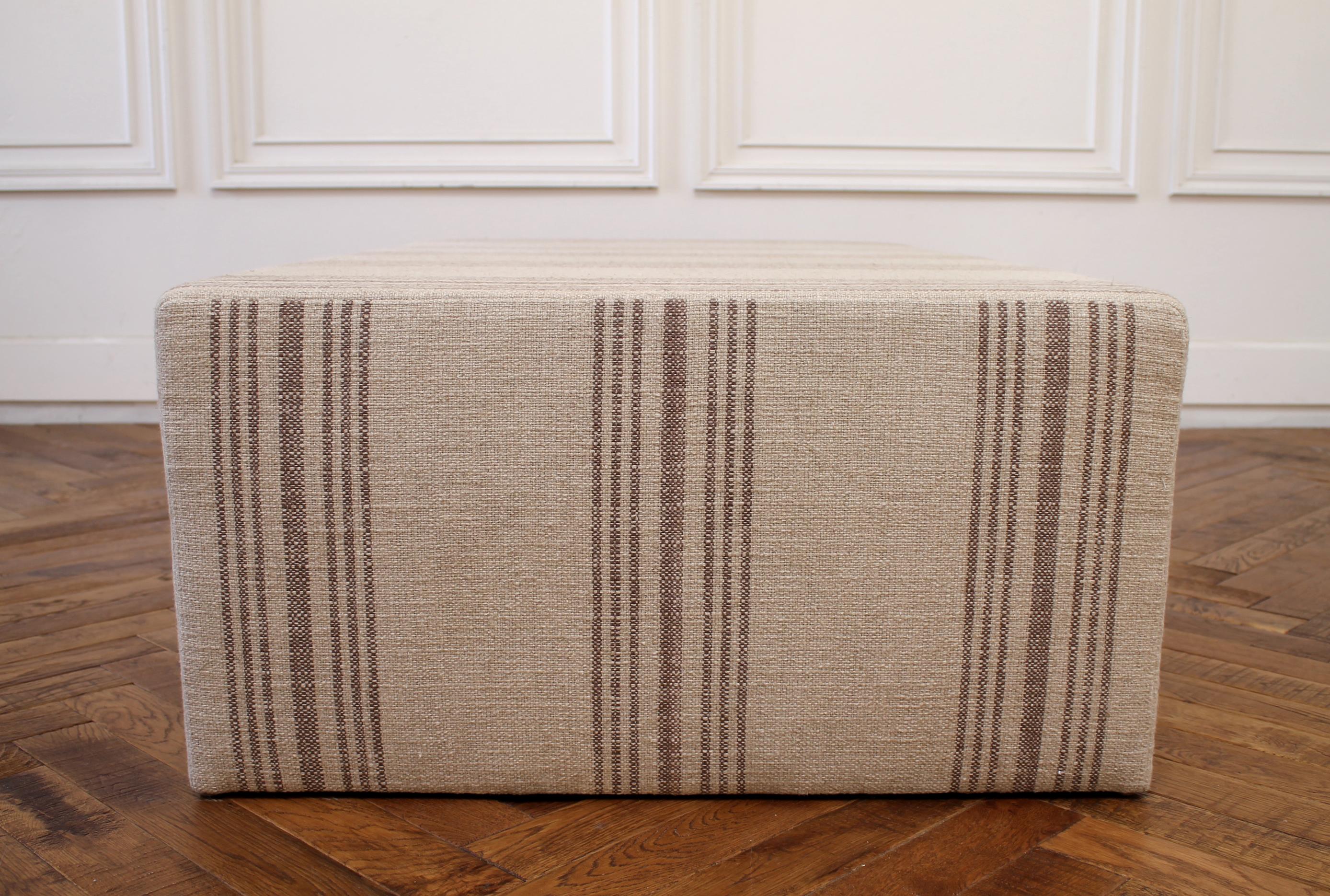 Custom Made Cube Ottoman with Natural Grainsack Style Upholstery In New Condition In Brea, CA