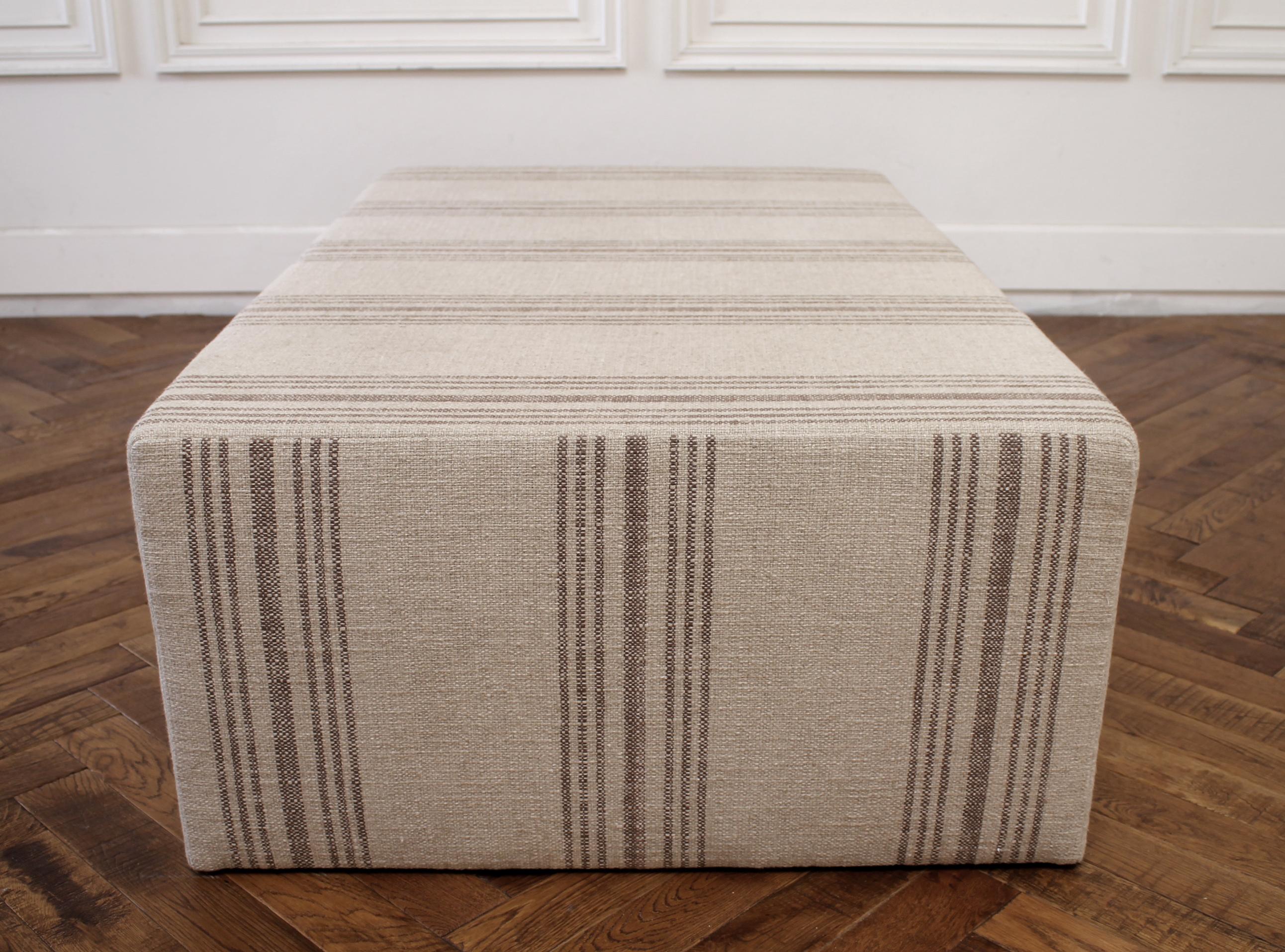 Contemporary Custom Made Cube Ottoman with Natural Grainsack Style Upholstery