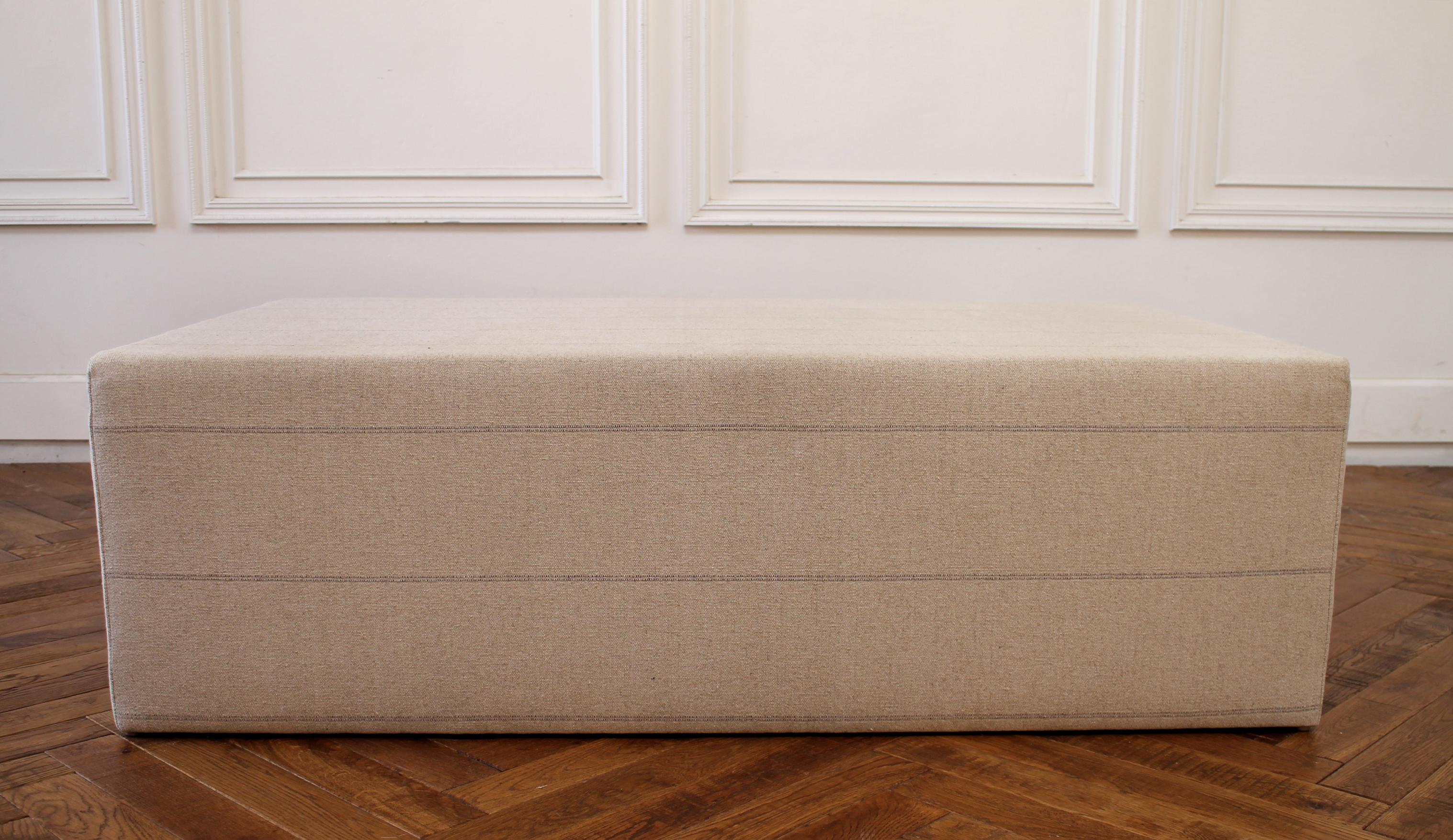 Contemporary Custom Made Cube Ottoman with Natural Grainsack Style Upholstery