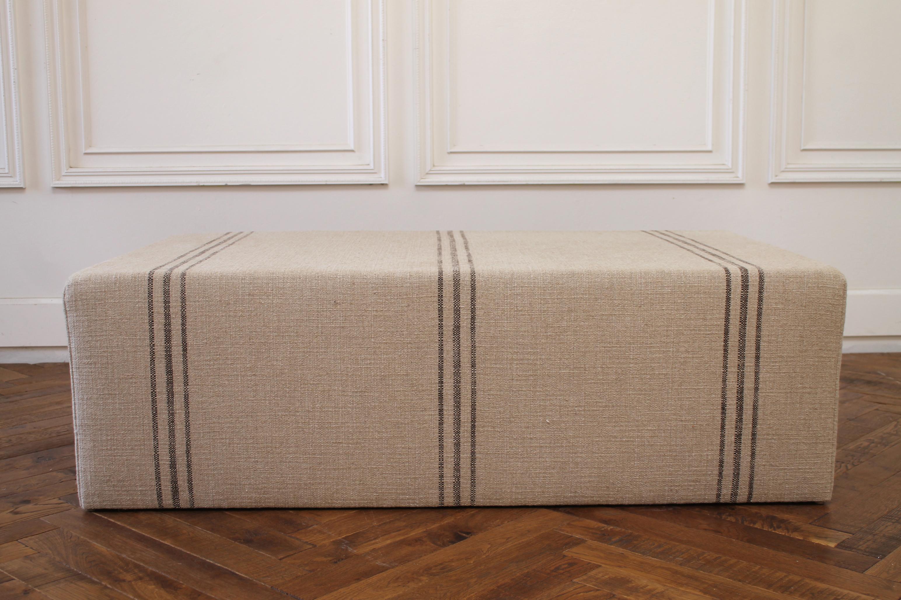 Linen Custom Made Cube Ottoman with Tortola Style Upholstery