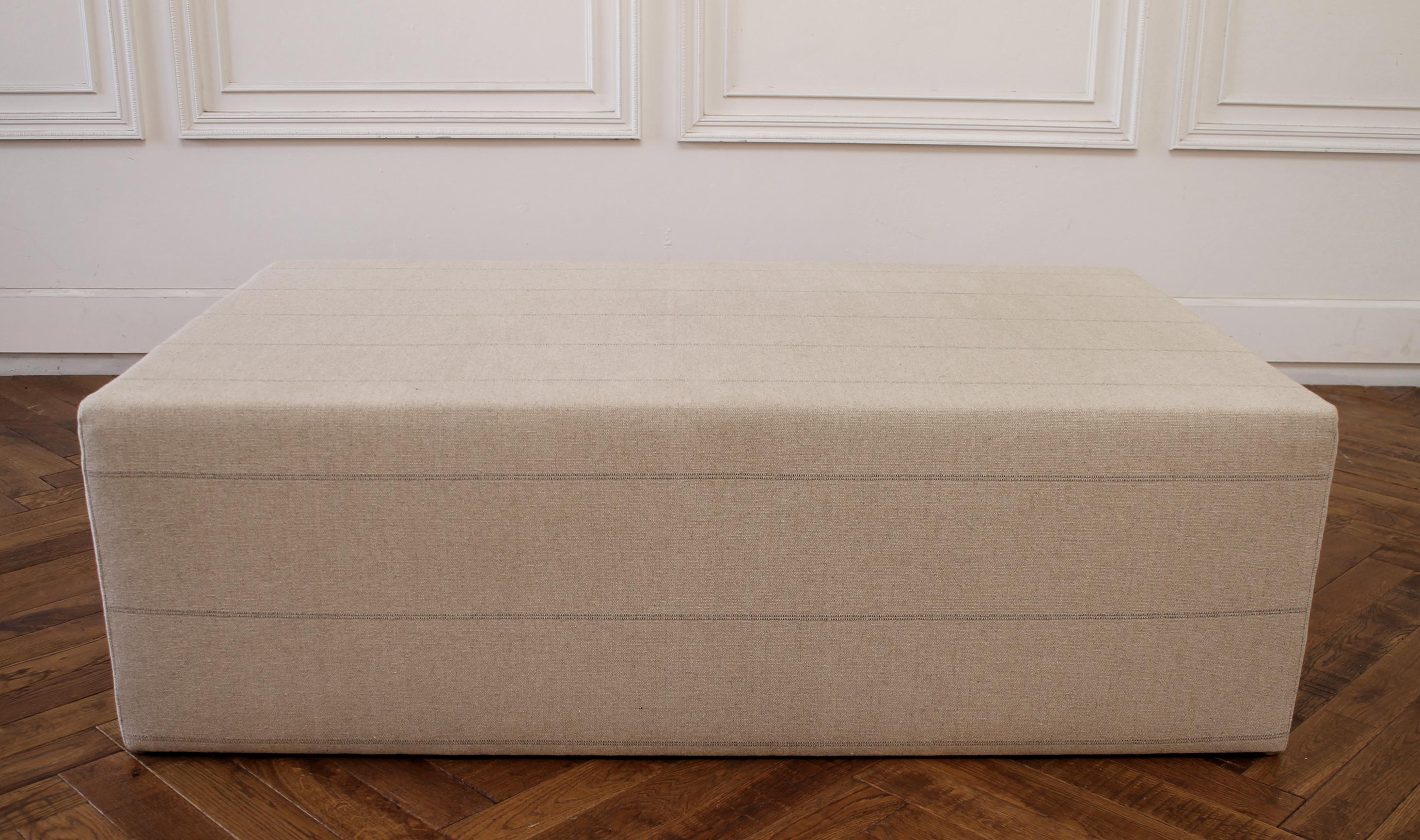 Linen Custom Made Cube Ottoman with Natural Grainsack Style Upholstery